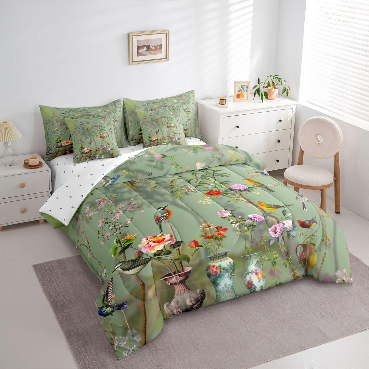Erosebridal Floral 7 Pcs Bedding Set Queen Retro Chic Leaves Comforter Set with Sheets Vase Porcelain Bed in A Bag Botanical Flowers Bedroom Decor