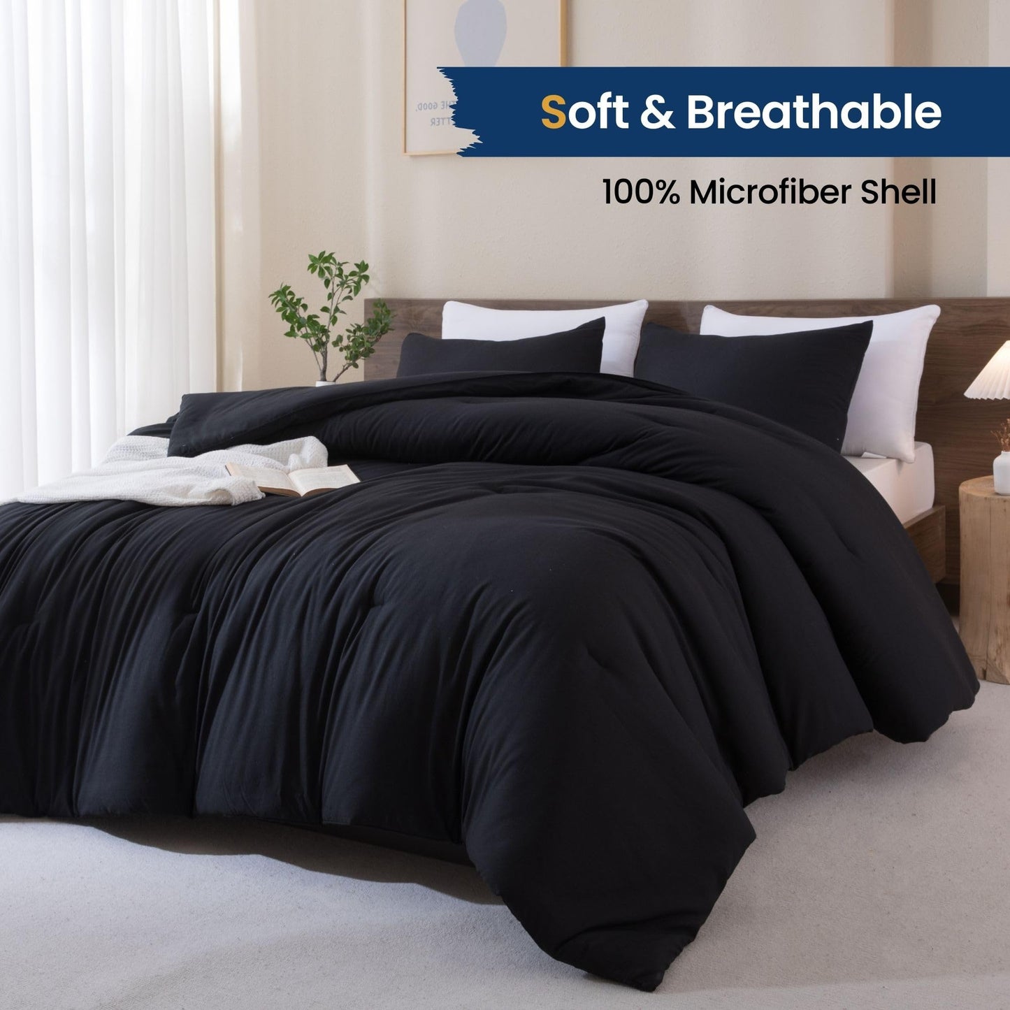 Paxrac Black Queen Comforter Set, Modern 3 Pieces Comforter Set, Lightweight & Fluffy Solid Bedding Set Queen Size, All Seasons Soft Breathable Queen Comforter Set (90x90In Comforter & 2 Pillowcases)