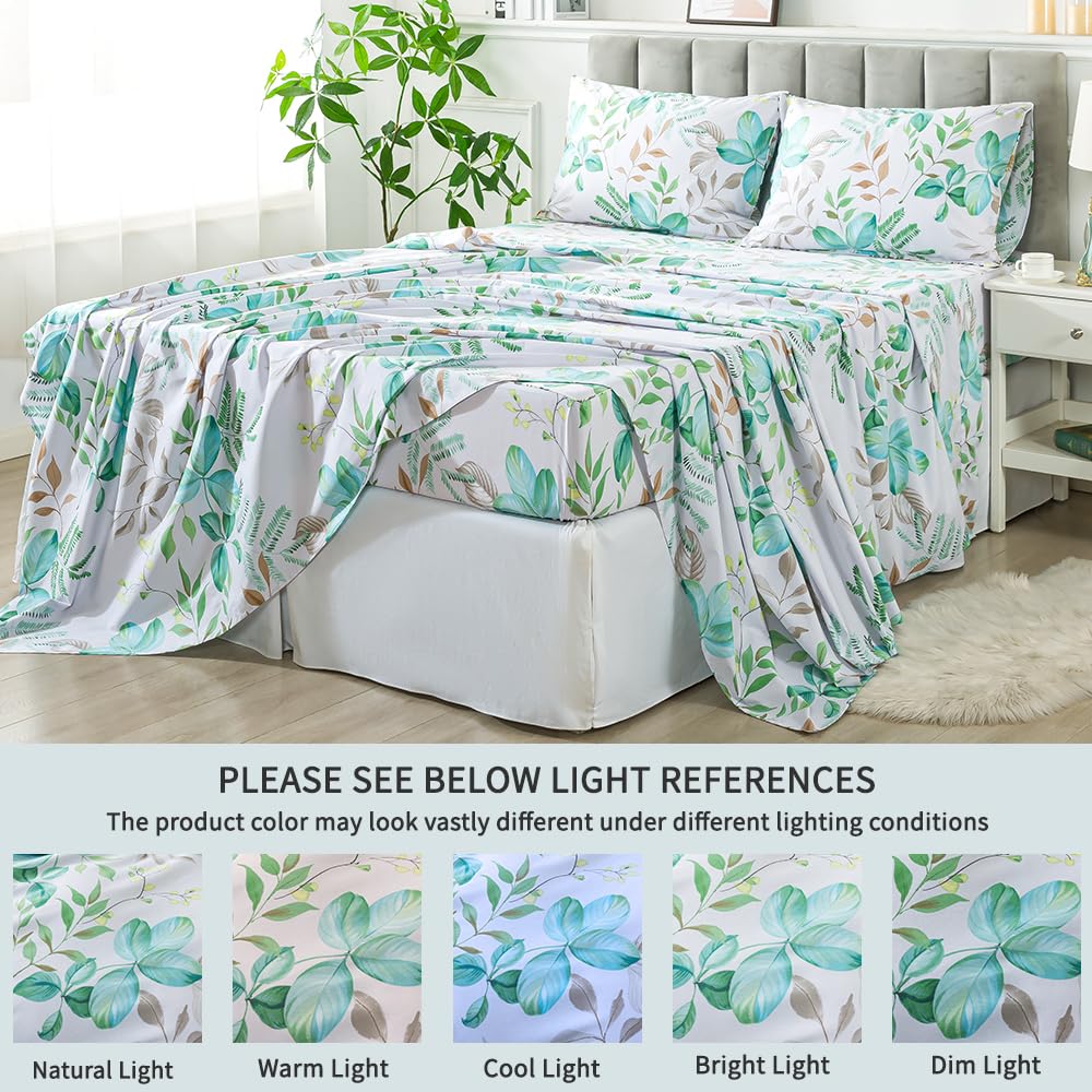FADFAY Twin Sheet Set 100% Cotton Teal Green Leaf Print, Modern Botanical Bed Sheets, Soft Crisp & Breathable Deep Pocket Fitted Sheet, Luxury 4-Piece Bedding Set