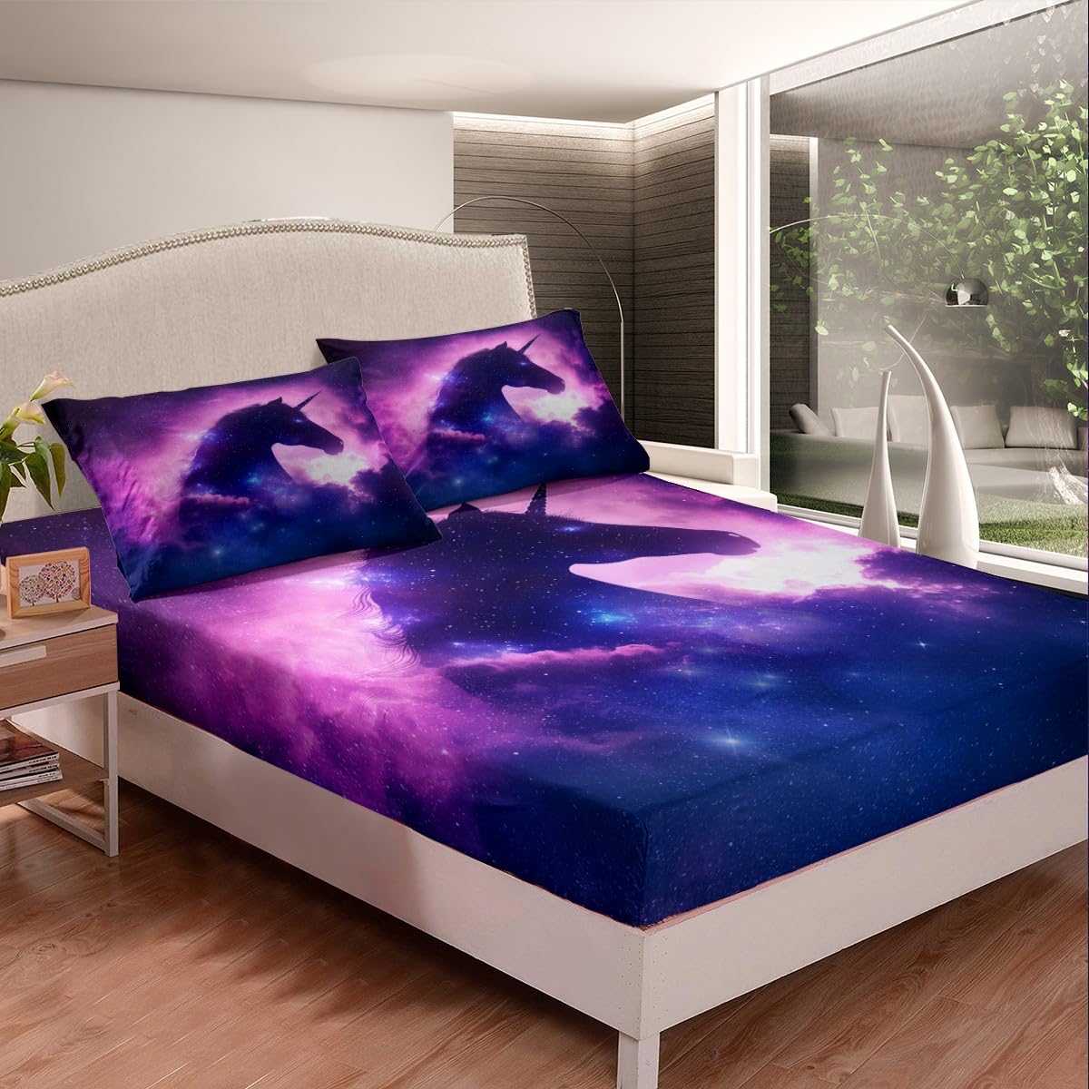 Erosebridal Unicorn Fitted Sheet Twin Size, Galaxy Bed Sheets, Starry Sky Horse Bedding Set for Kids Boys Girls, Modern Fashion Soft Breathable Home Room Decor, Purple