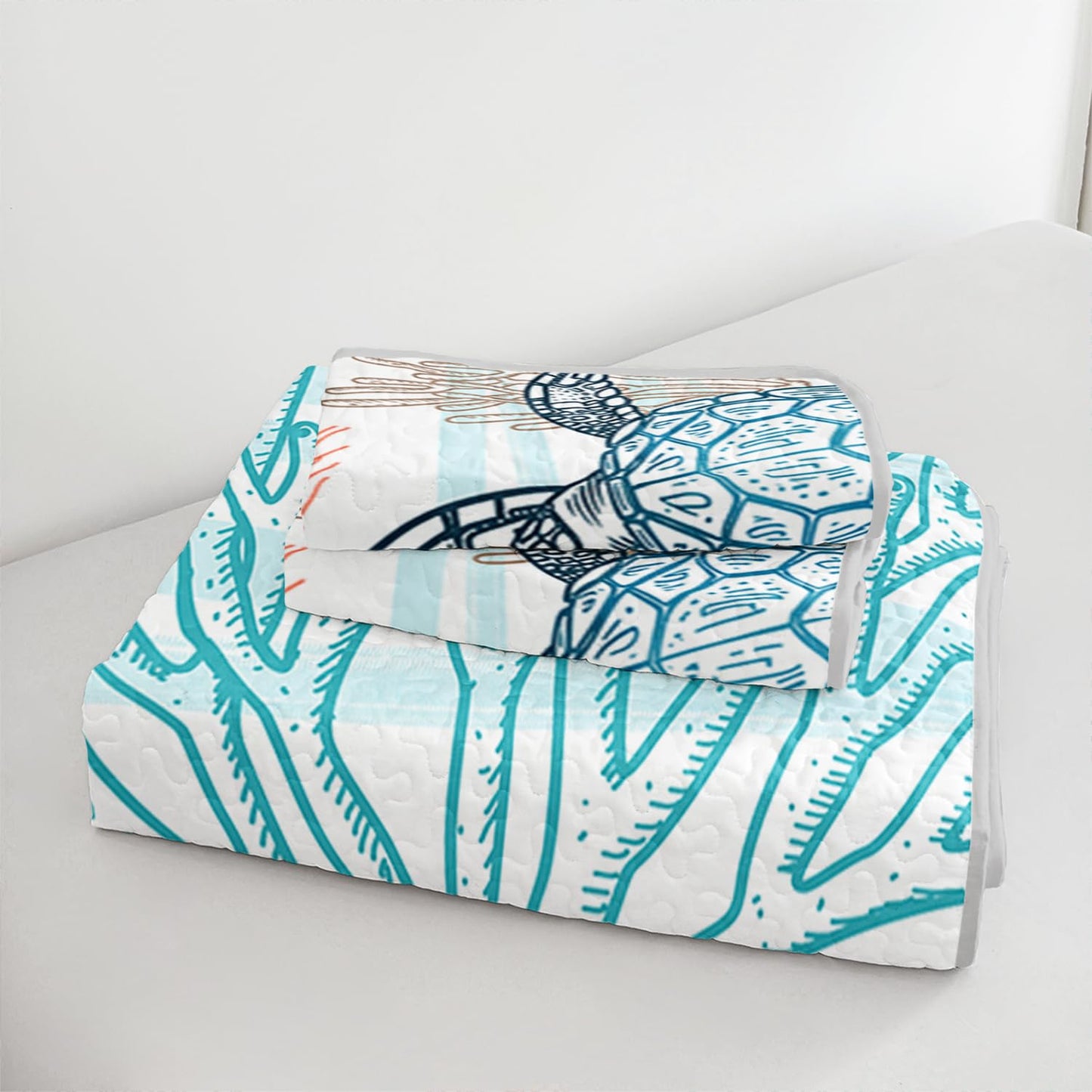 HOSIMA Sea Turtle Queen Size Bedding Set,Corals Jellyfish Starfish Pattern Lightweight Quilt,Ocean Themed Bedding for Beachy Room Decor Aesthetic with 2 Pillowcases.