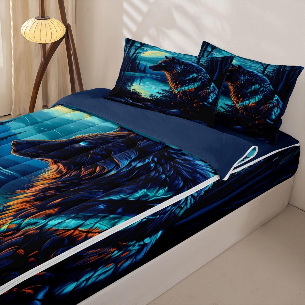 jejeloiu Wolf Moon Zipper Bedding for Kids Wolf Night Moon Twin Comforter Set with Fitted Sheet 2 Pillowcases Wildlife Bed in a Bag Soft Lightweight Microfiber