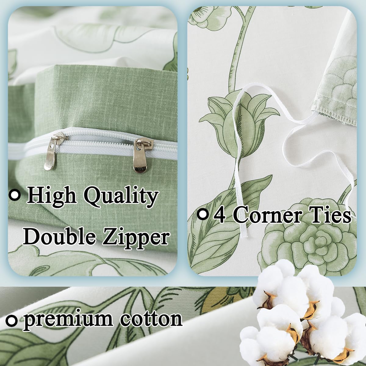 FADFAY Green Duvet Cover Set Full Floral Bedding 100% Cotton Shabby Vintage Reversible Zipper Farmhouse Comforter Cover Flower Print Bed Covers Girls Kids Pretty Bowknot Soft Breathable 3Pcs