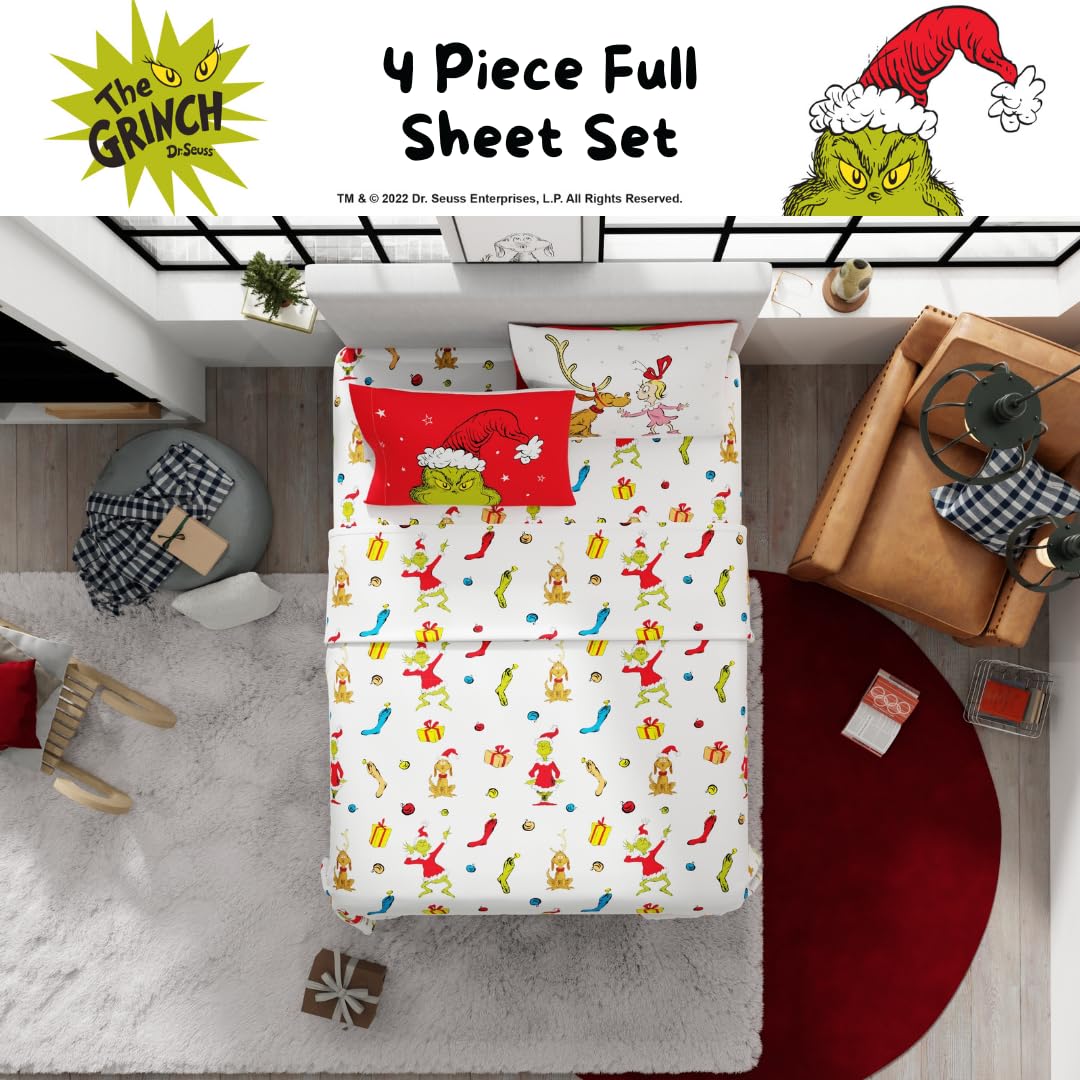 Dr. Seuss The Grinch Holiday & Christmas Bedding Super Soft Microfiber 4 Piece Full Sheet Set, (Officially Licensed Product) by Franco