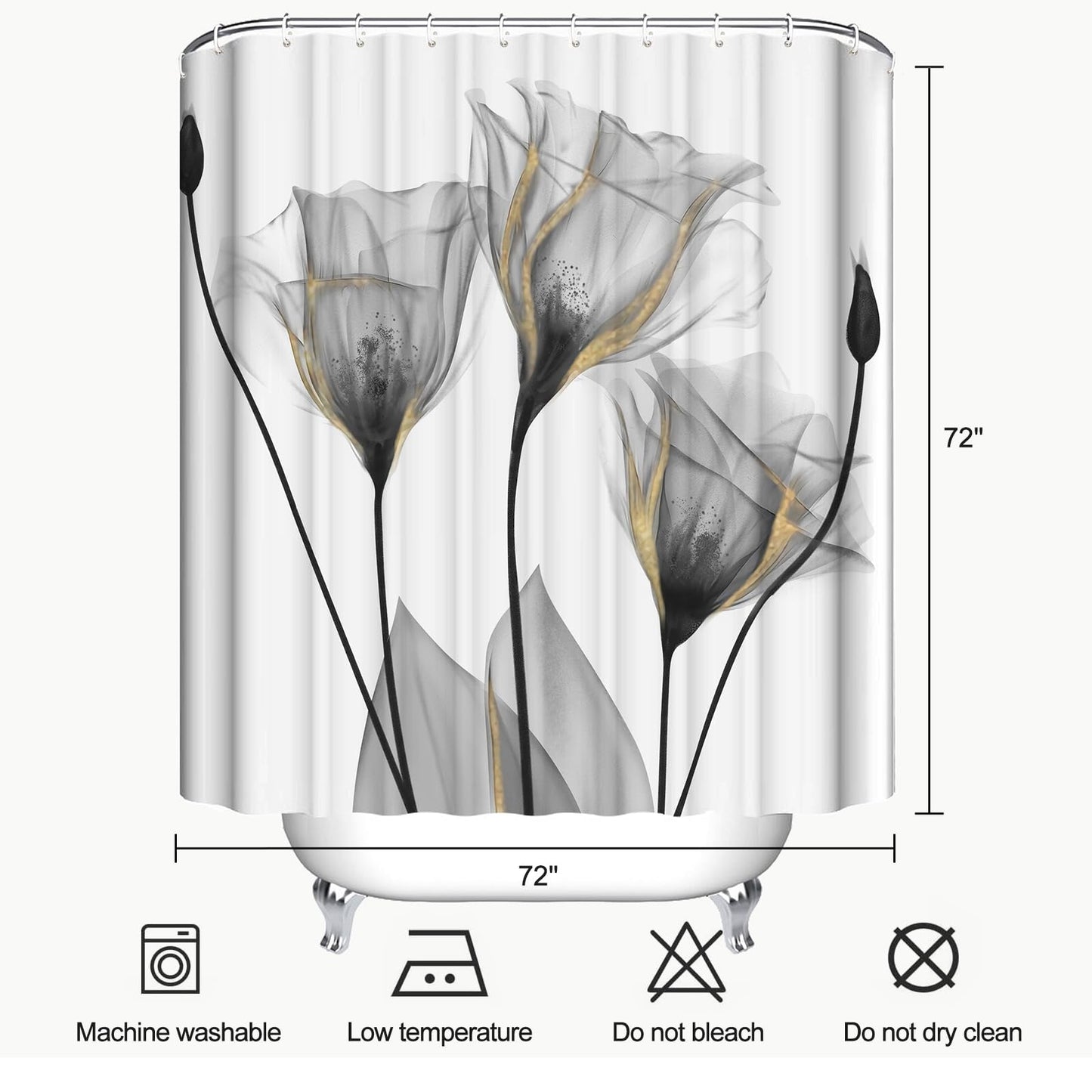 ZCHOMI Grey Floral Shower Curtain Watercolor Tulip Flower Shower Curtains for Bathroom Waterproof Polyester Fabric Bathroom Curtain 72 x 72 Inch with 12 Plastic Hooks