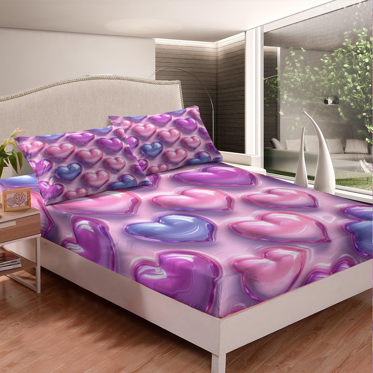 Erosebridal Love Heart Flat Fitted Sheet Full Kawaii Decor Bed Set for Girls, Cute Lovely Bed Sheets Set for Kids Adult Bedroom Decor,Pink Purple Soft Microfiber Bedding Sets with 2 Pillow Cases