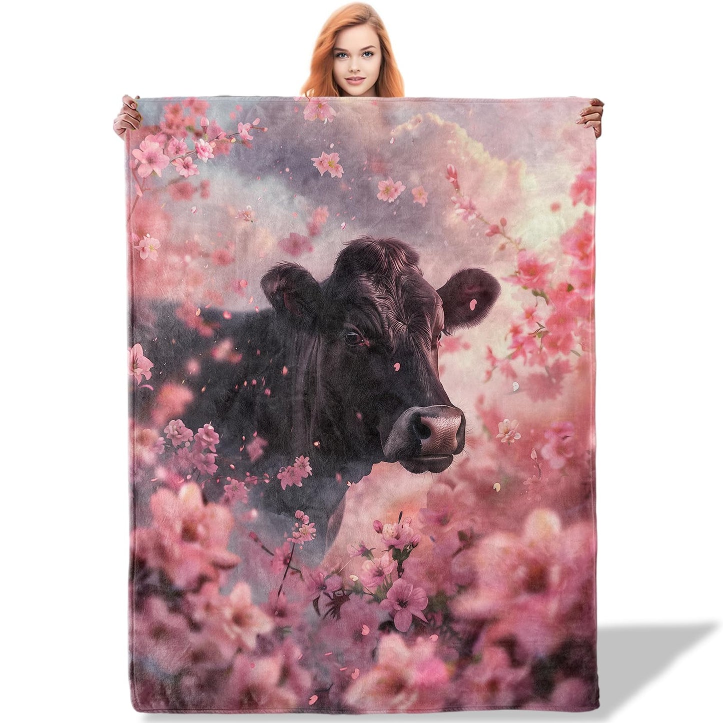 Plistiz Pastoral Throw Blanket 50"x60", Blossoming Cherry Blossoms and Cow Theme Blankets for Living Room Couch, Soft Flannel Gifts for Adults and Women