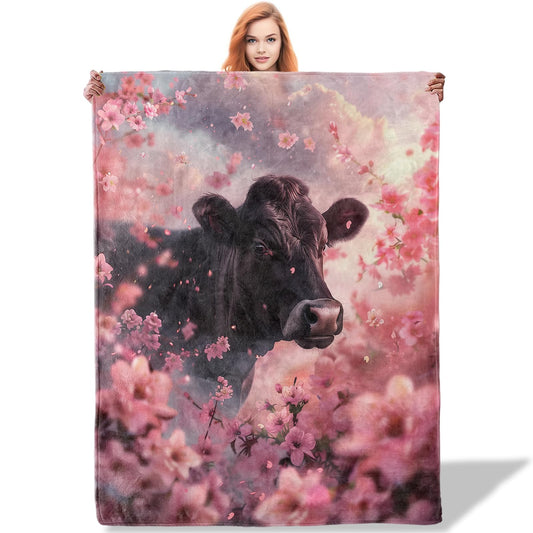 Plistiz Pastoral Throw Blanket 50"x60", Blossoming Cherry Blossoms and Cow Theme Blankets for Living Room Couch, Soft Flannel Gifts for Adults and Women