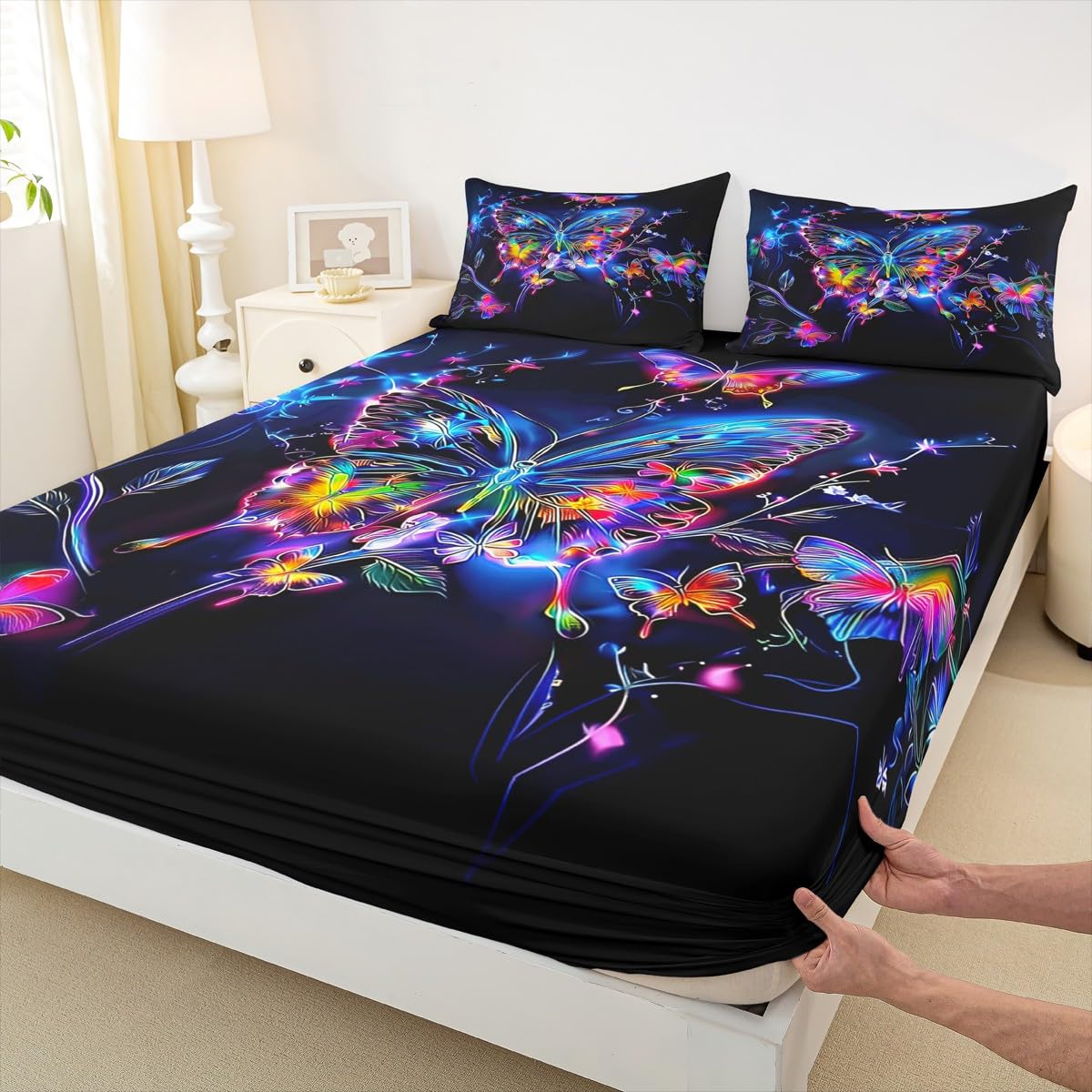 Feelyou Cute Butterfly Fitted Sheet with 1 Pillowcase Twin Size Glitter Bed Sheets Set 16" Deep Pocket Boys Girls Purple Butterfly Bedding Animals Teens Bedroom Decor