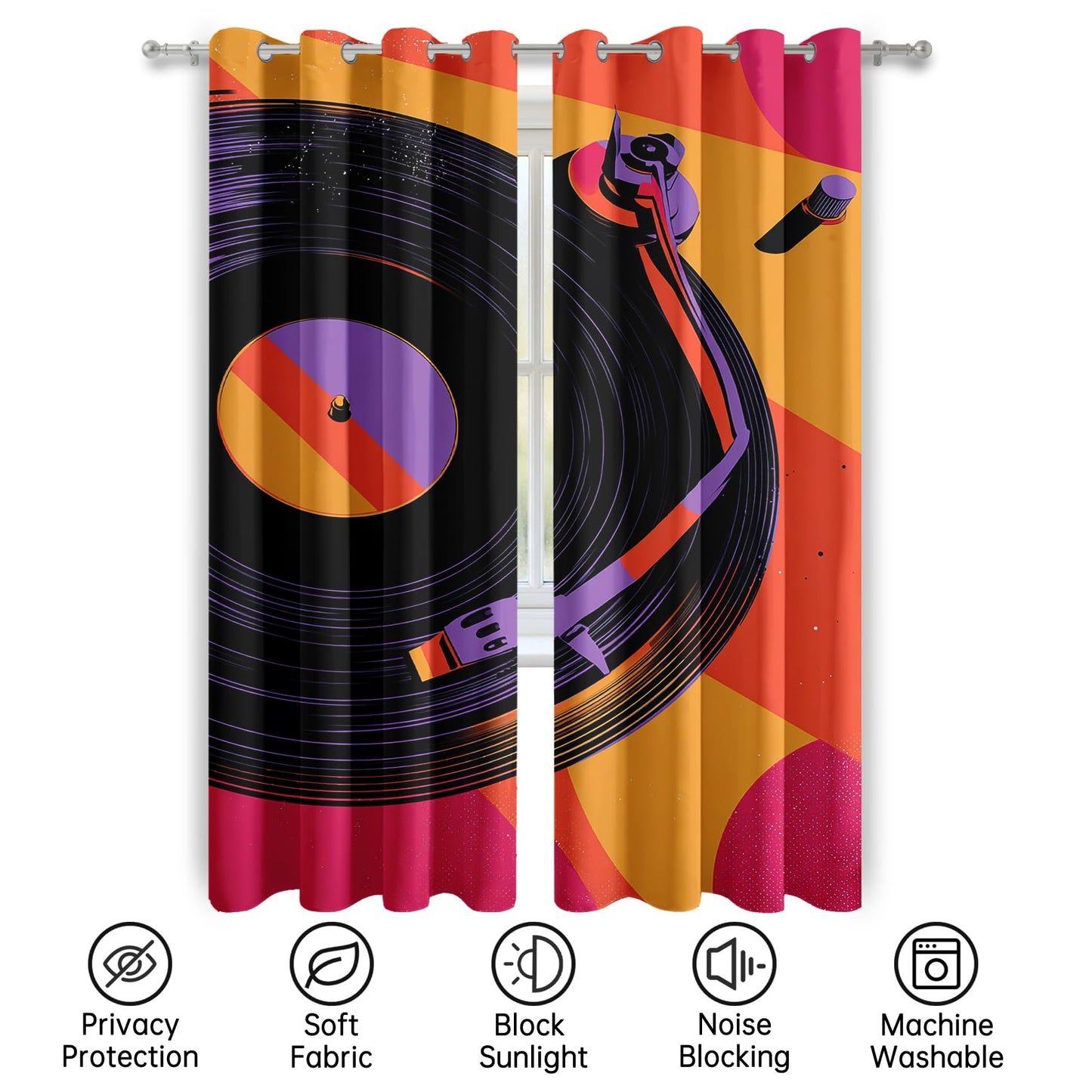 Mistwalk Vinyl Record Blackout Curtains for Bedroom & Living Room, 45 Inch Curtains 2 Panel Set, Room Darkening Thermal Insulated Grommet Drapes, Retro 80s Music Lover Patterned Window Treatments