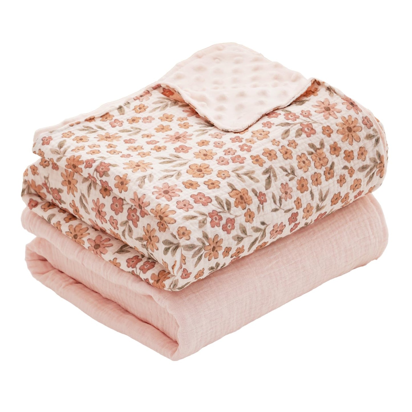 CoolaPeach 2 Pack Minky Baby Blankets,Super Soft Receiving Blankets with Muslin Cotton Front & Dotted Fleece Backing,39x29.5 Inches,Printed Bed Throws Newborn(Florals)