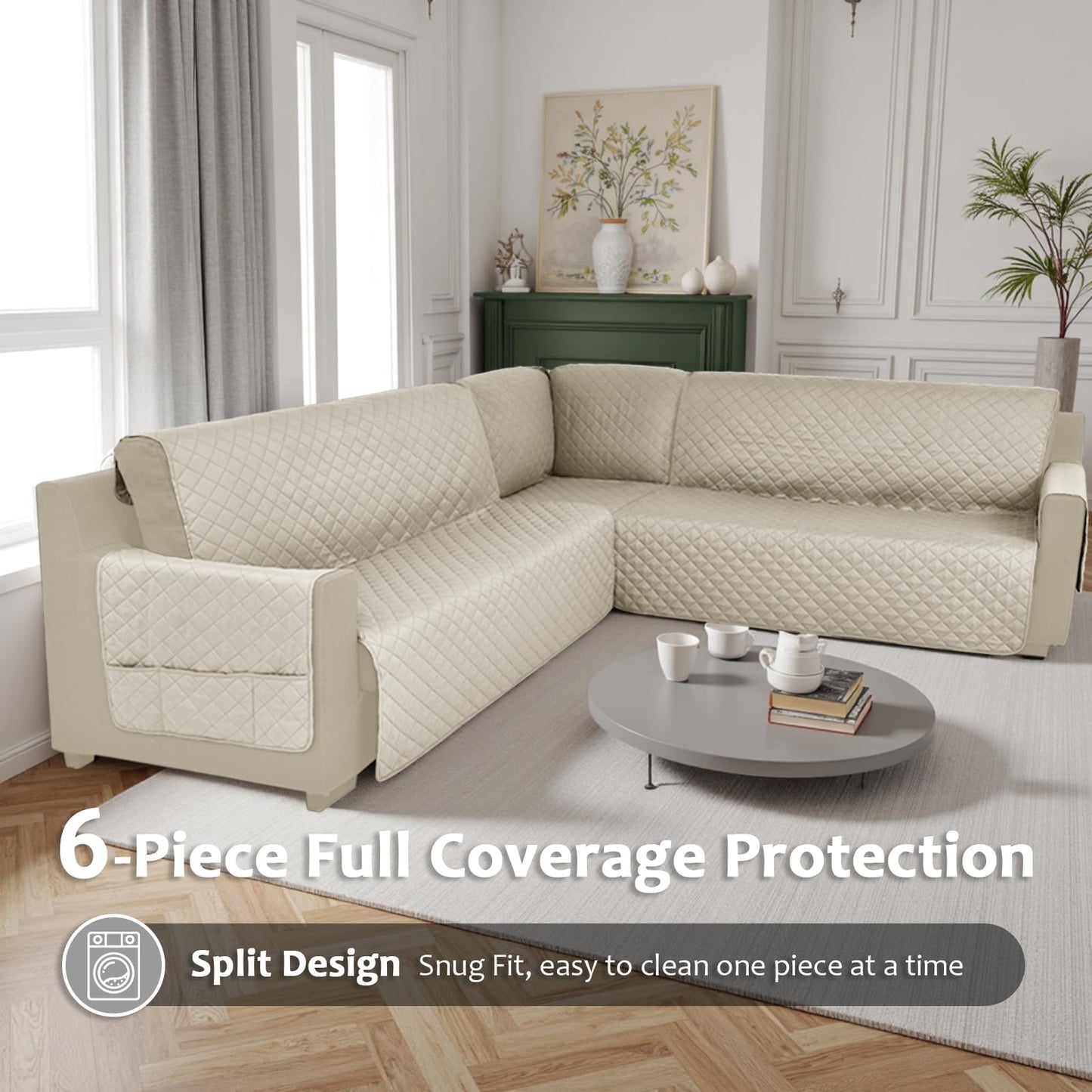 ROFASVCO Waterproof Sectional Couch Covers L Shape Sectional Sofa Covers for Pets Washable Non-Slip 6PCS U Shaped Sofa Slipcovers Dog Couch Cover Corner Furniture Protector (Large, Linen Gray)