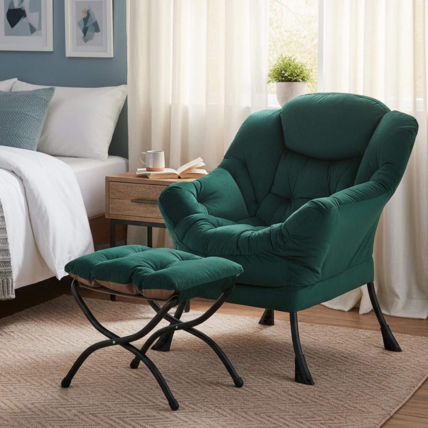 Welnow Lazy Chair with Ottoman, Modern Accent Chair with Armrests and a Side Pocket, Leisure Sofa Armchair, Reading Armchair with Footrest for Small Space, Dark Green