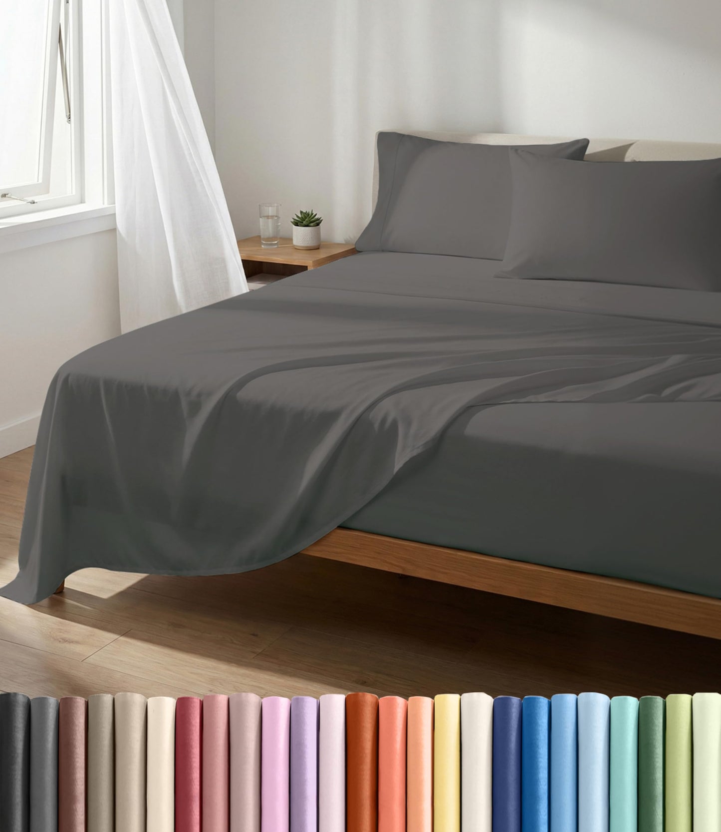 Lightweight 4 Piece Bed Sheet Set Full Size - Cooling Sheets for Hot Sleepers - Soft Breathable Bedding Set w/ 8-16 Inch Deep Pockets - 1 Flat, 1 Fitted & 2 Pillowcases - Wrinkle Resistant - Dark Grey