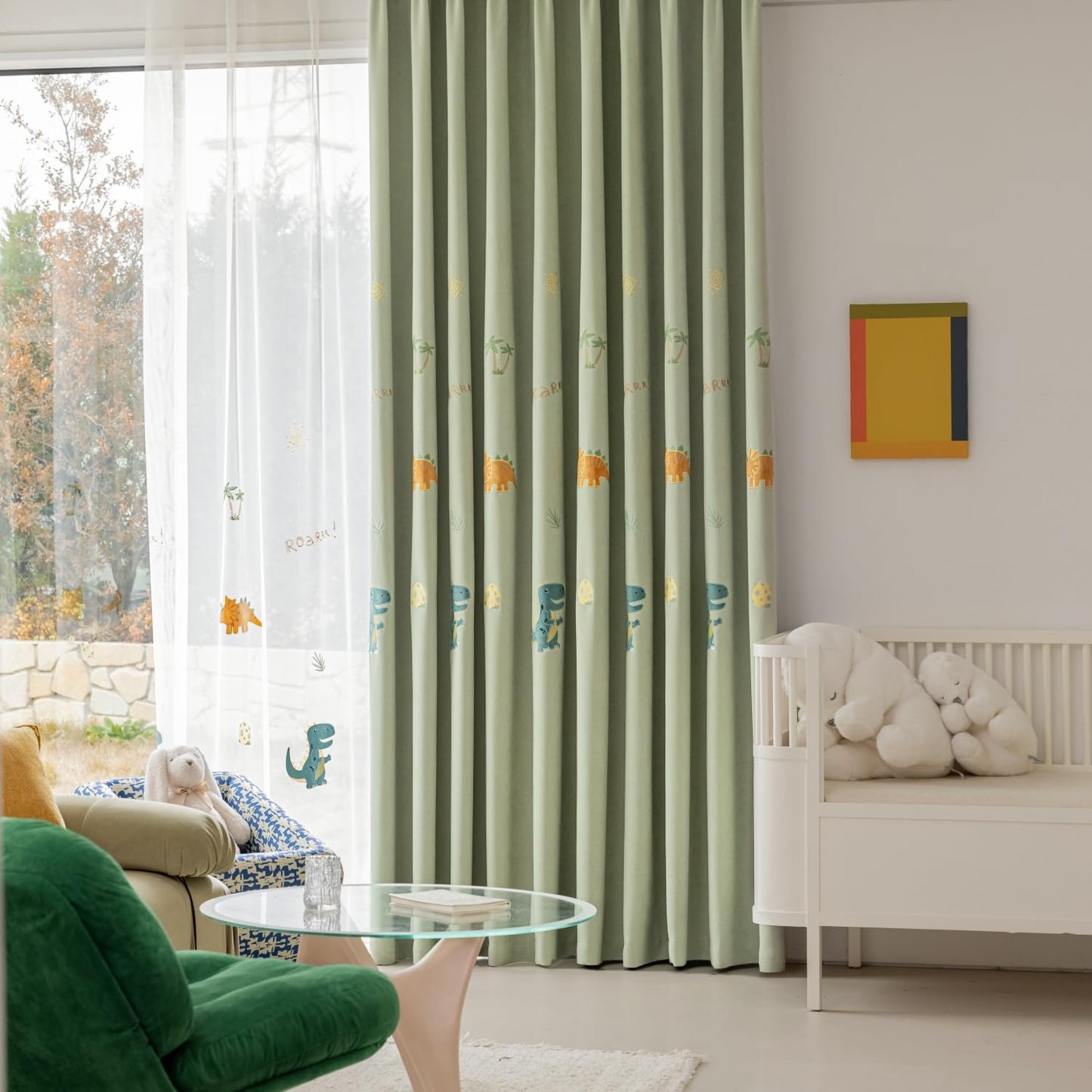 KMSG Cartoon Dinosaur Kids Curtains with Blackout Liner Embroidery Nursery Curtains for Children Boys Baby Bedroom Living Room Grommet Top Room Darkening Window Drapes 1 Panel (Green,W52 x L84 Inch)