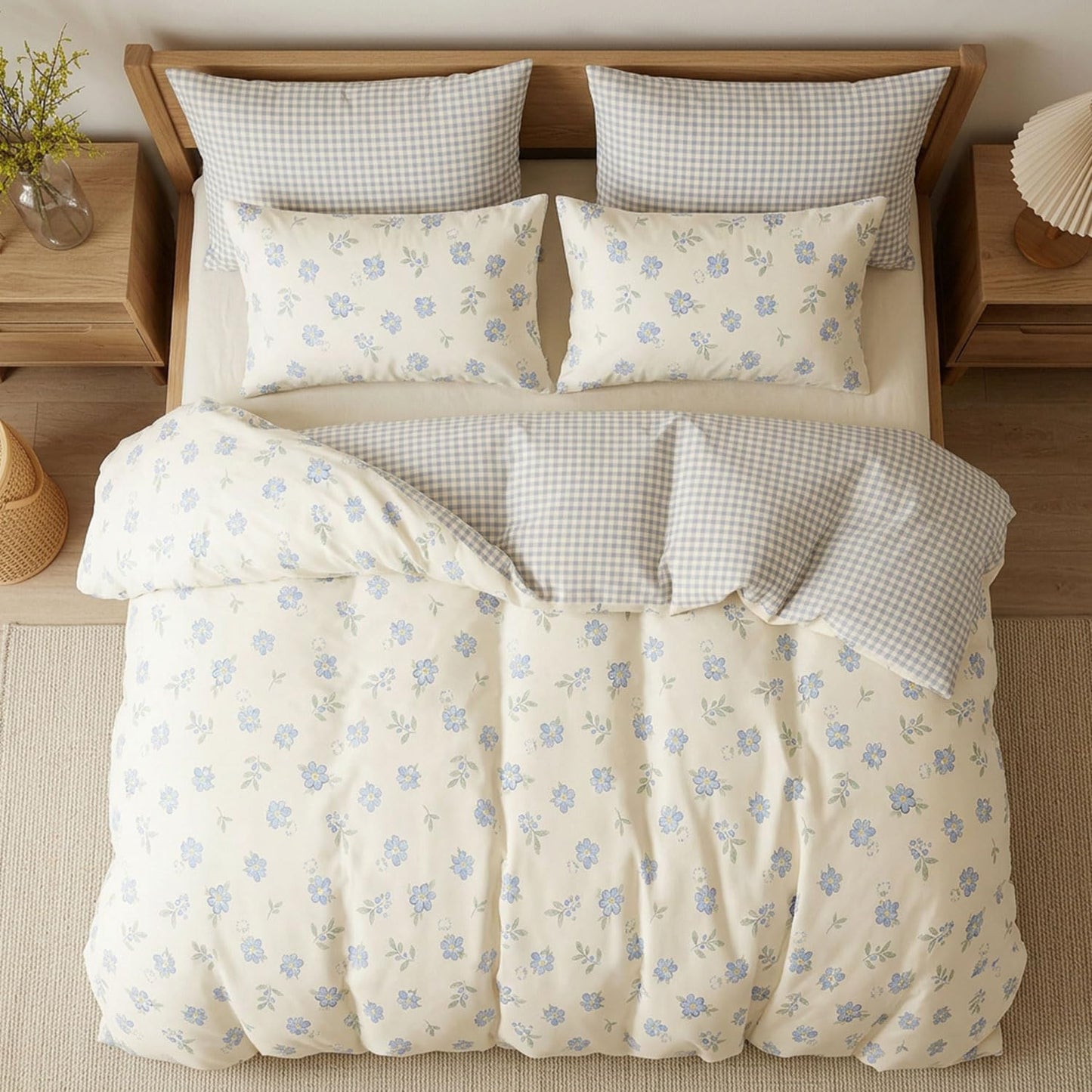Erwinmu Floral Comforter Set King Size - 3 Pieces Blue Beige Floral Comforter Bedding Sets Reversible Gingham Pattern,King Bed in a Bag with Flowers Comforter and 2 Pillowcases