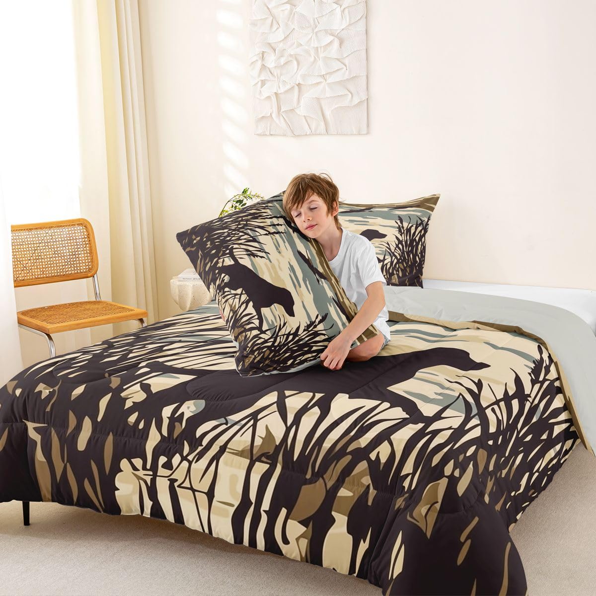 jejeloiu Dog Hunter Bedding Set Soft for Boys Girls, Dog Comforter Set Full Size Farmhouse Theme Duvet Quilt Microfiber Bedroom Decor 3 Pcs with 2 Pillow Cases