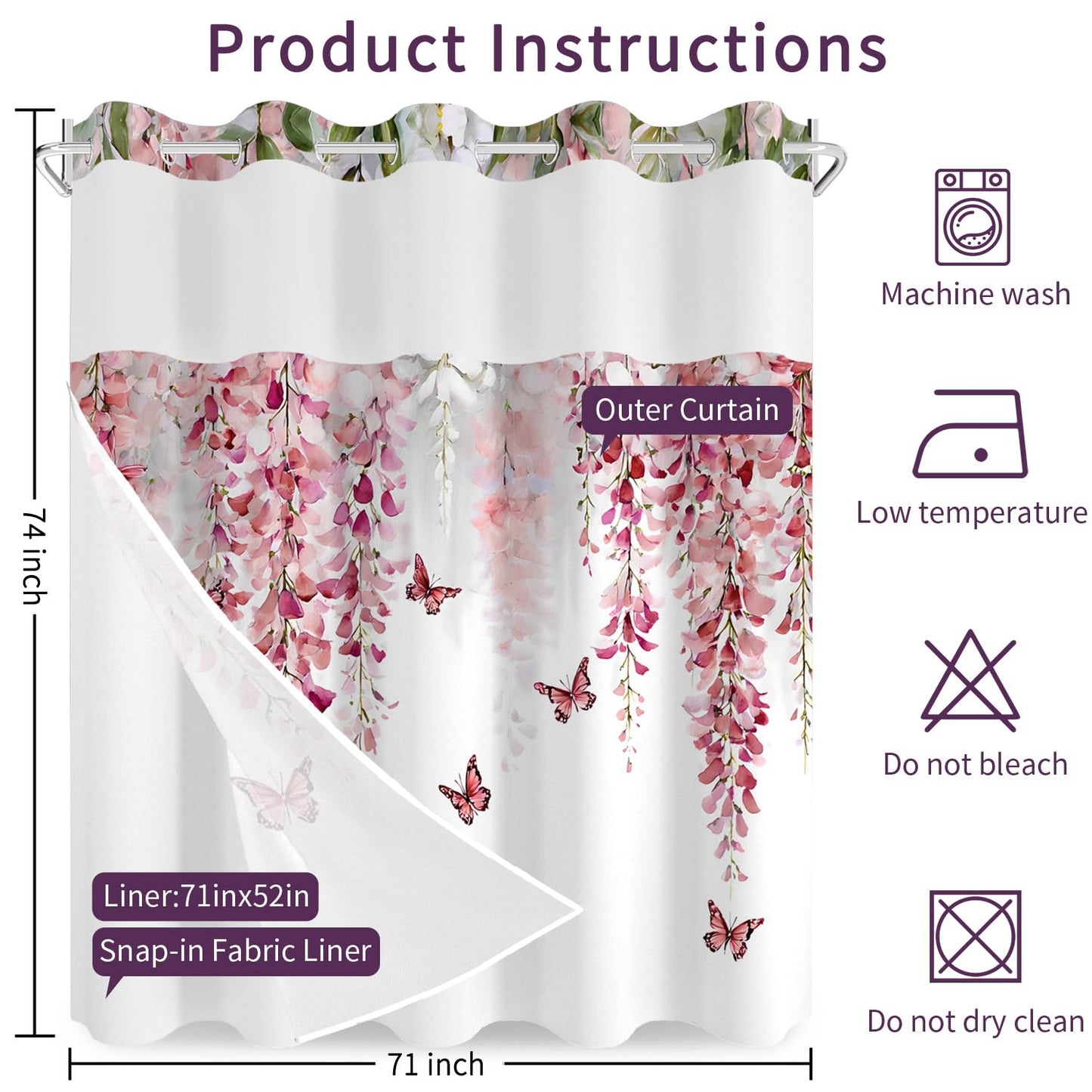 NAEMBCU Boho Floral No Hook Shower Curtain with Snap in Liner Set 71x74 in