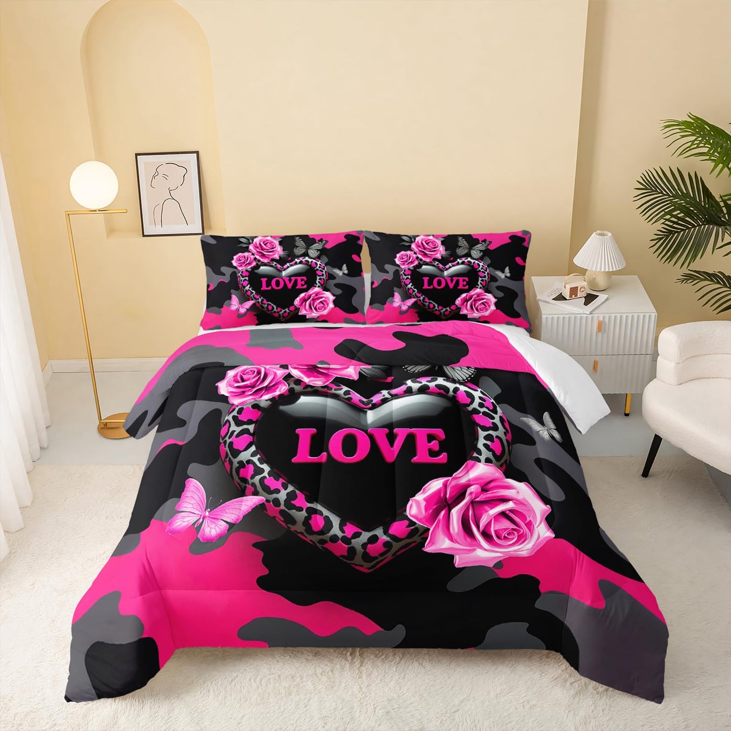 QOOMO 3Pcs Flowers Comforter Set Queen Size,Leopard Print Bedding Set for Teens Boys Girls,Pink Comforter with 2 Pillowcases,Soft and Lightweight