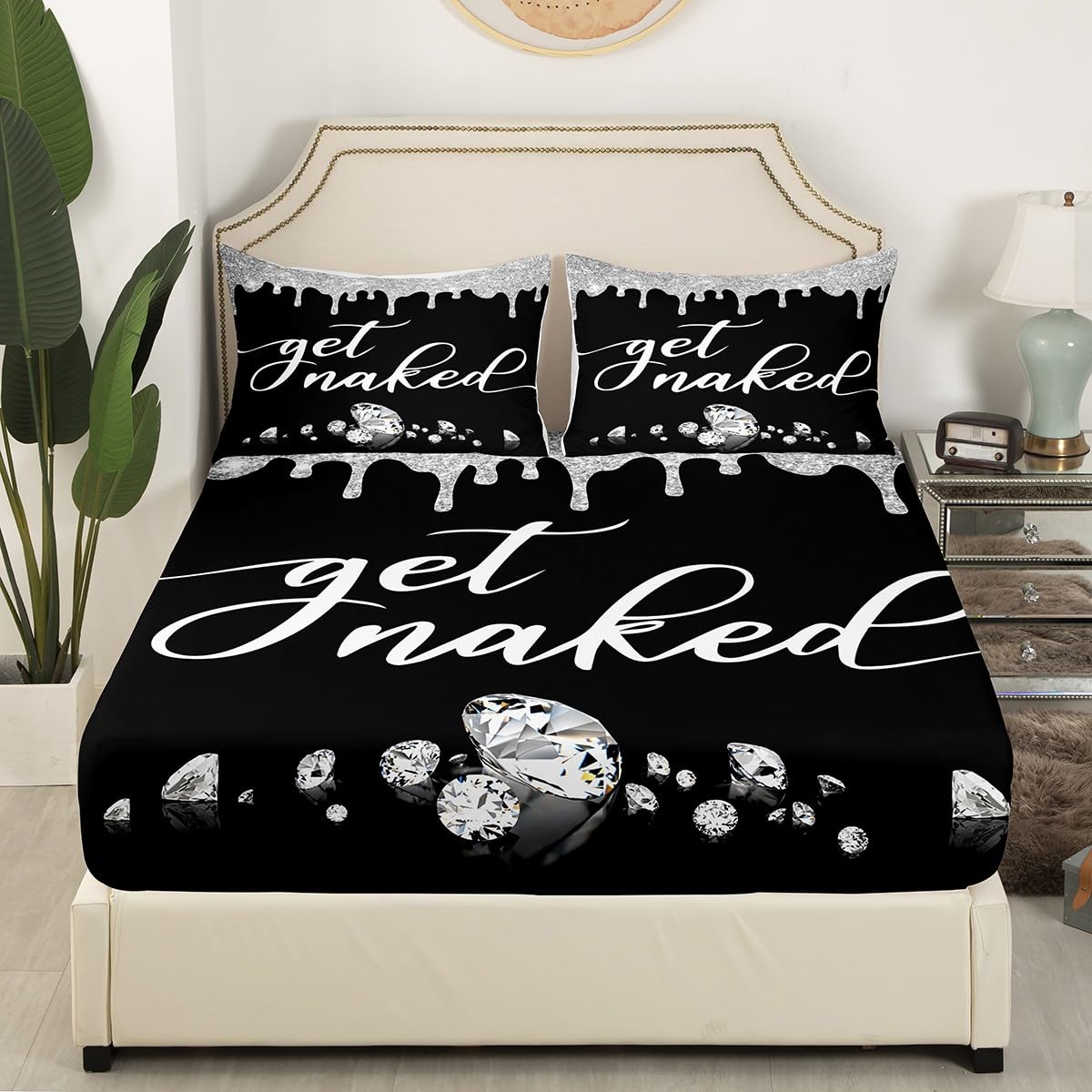 Get Naked Bed Sheet Set Full Size Silver Grey Black Glitter Bedding Set for Kids Boys Girls Teens Bedroom Decor Luxury Shining Diamond Fitted Sheet Women Men Funny Quotes Modern Bedding Sheets