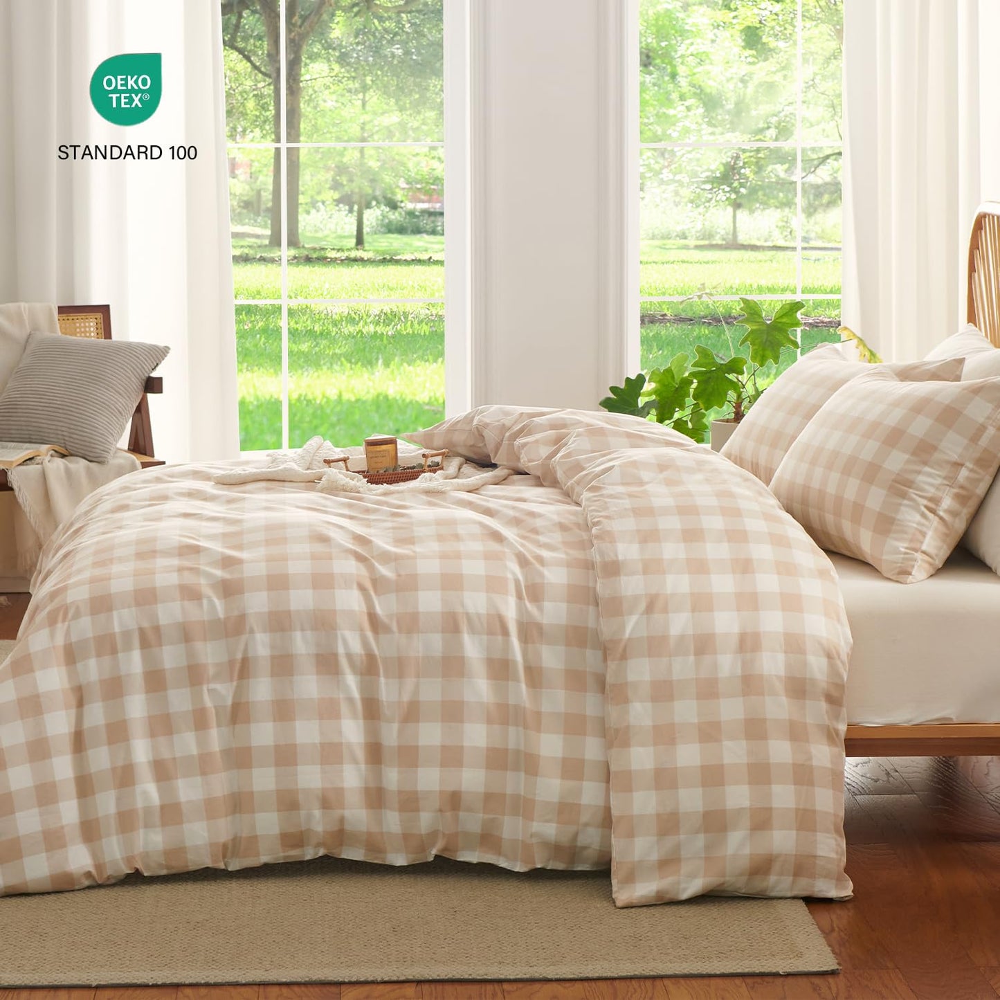 Jolusere Gingham Duvet Cover Queen 3 Pieces 100% Cotton Duvet Cover Beige Plaid Bedding Set Orange Tan Farmhouse Checkered Grid Comforter Cover with 2 Pillowcases