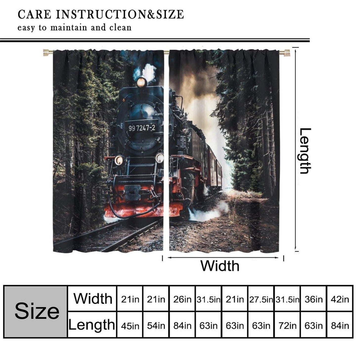 Train Curtains, Retro Country Forest Steam Train Pattern Drapes for Bedroom Living Room Kitchen Window Treatment 2 Panels Set Total Size 42" W X 45" L Inch