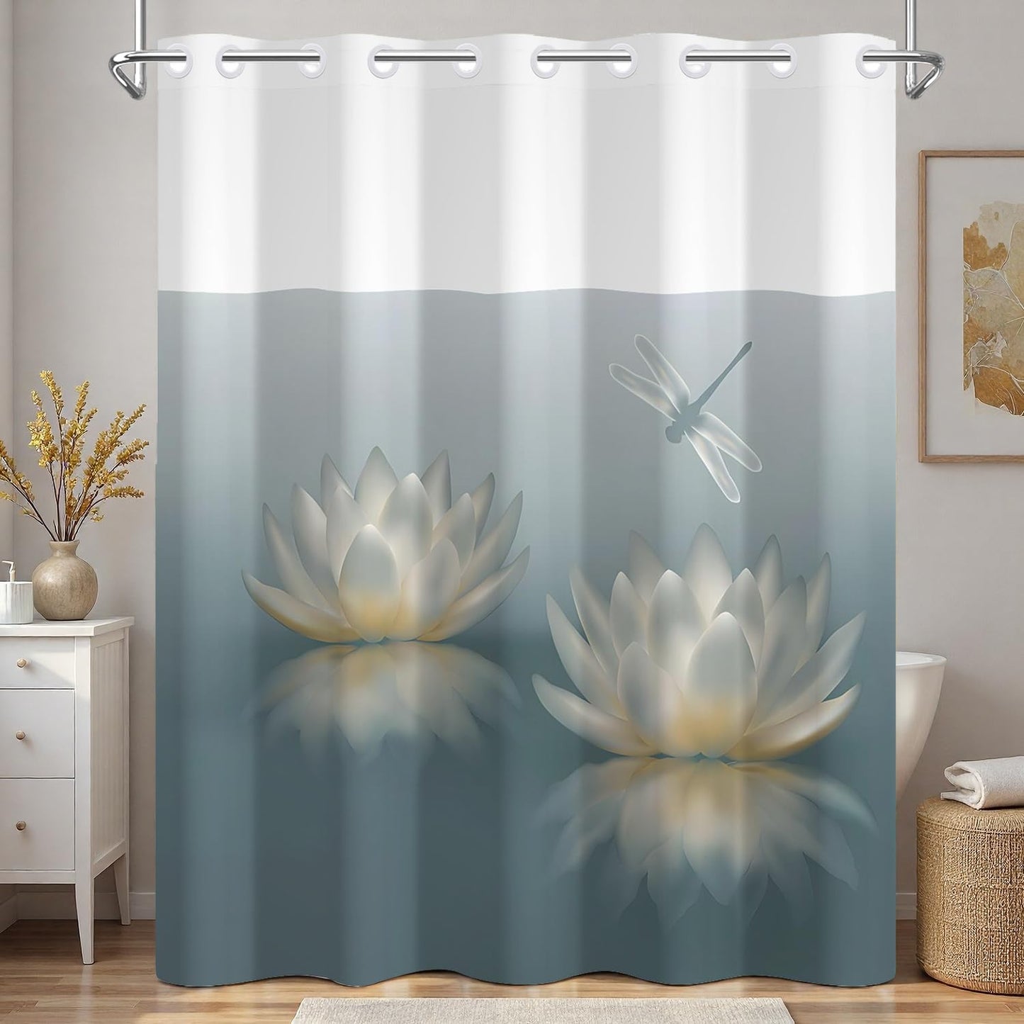 Xiazhilaio No Hook Lotus Flower Shower Curtain with Snap in Liner - 71″W x 74″L Waterproof Fabric with Mesh Top Window, Zen Floral & Dragonfly Print Bath Curtain for Modern Spa Bathroom Decor