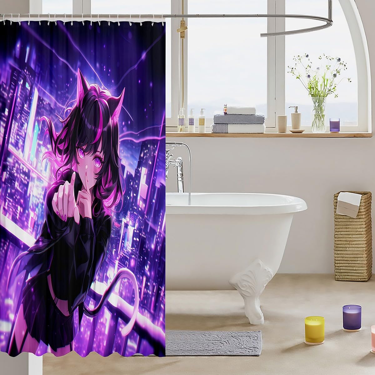 Erosebridal Kids Anime Girl Shower Curtain 72" W X 72" L, Japanese Anime Fabric Shower Curtain, Cartoon Girl Bathroom Accessories for Boys Teens, Kawaii Japanese Animation Waterproof Decor