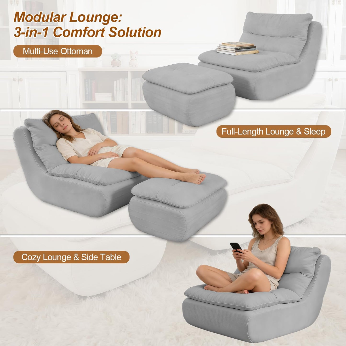 BTFYOU Boneless Chaise Lounge Chair, Large Memory Foam Bean Bag Chair with Ottoman for Adults and Kids, Comfy Sofa Bed Couch for Bedroom Living Room, No Assembly(Gray)