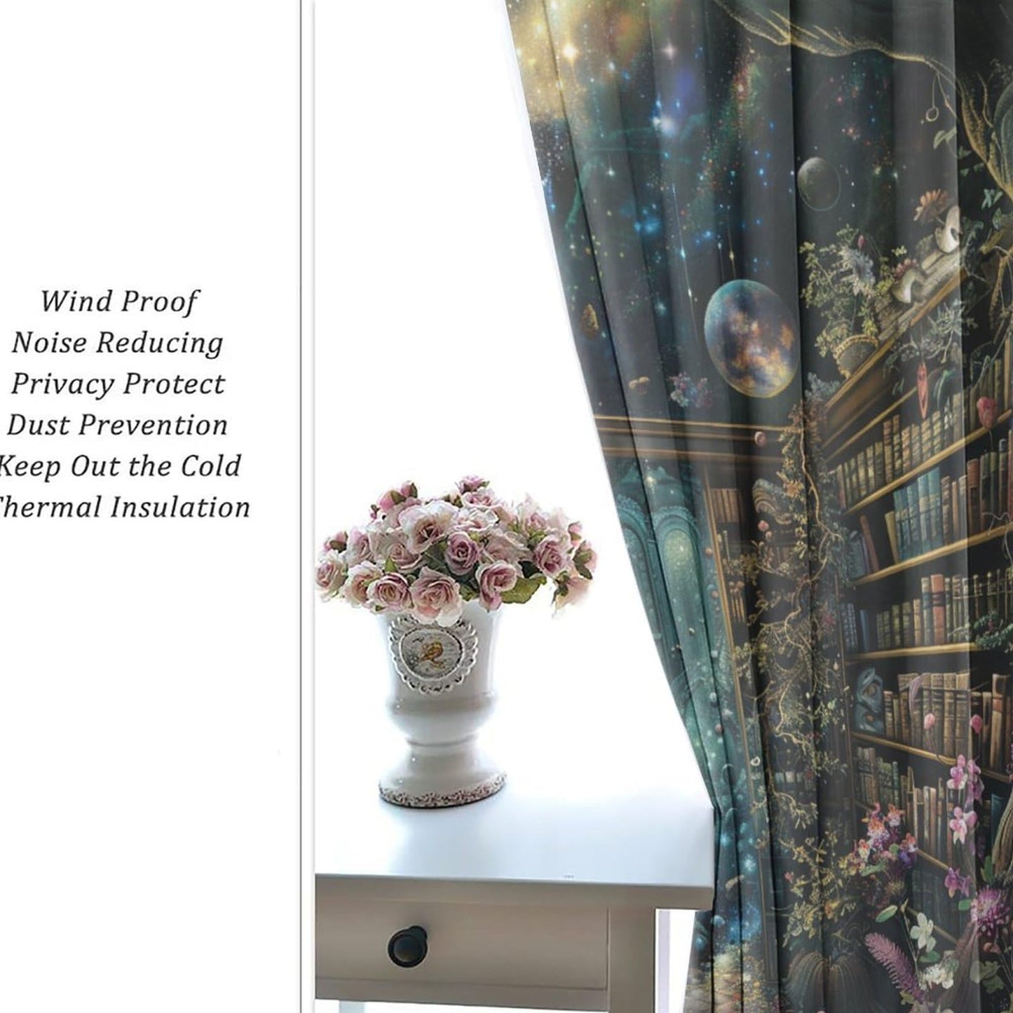 HDESDIS Vintage Library Blackout Curtains for Bedroom Living Room, Classic Floral Bookshelf Space Thermal Insulated Curtains Window Drapes with Grommet, 21W x 45L, 2 Panels