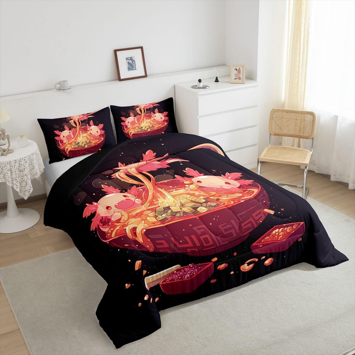 Erosebridal Axolotl and Ramen Bedding Set Queen,Ramen Noodle Comforter Set for Kids Boys Girls,Japanese Food Quilt Bed Set Funny Axolotl Print Bedding Comforter Sets with 2 Pillowcases Room Decor