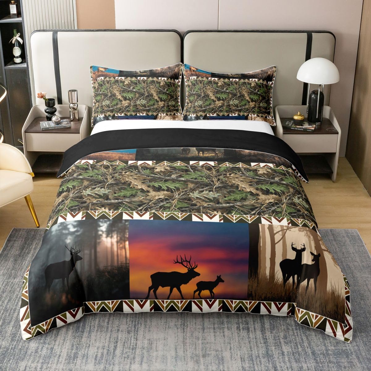 Deer 100% Cotton Duvet Cover Set Twin,Hunting Deer Bedding Sets,Woodland Animal Comforter Cover 3D Nature Scene Patchwork Bedding Elk Antler with Branches Quilt Cover,Rustic Farmhouse Bedroom Decor