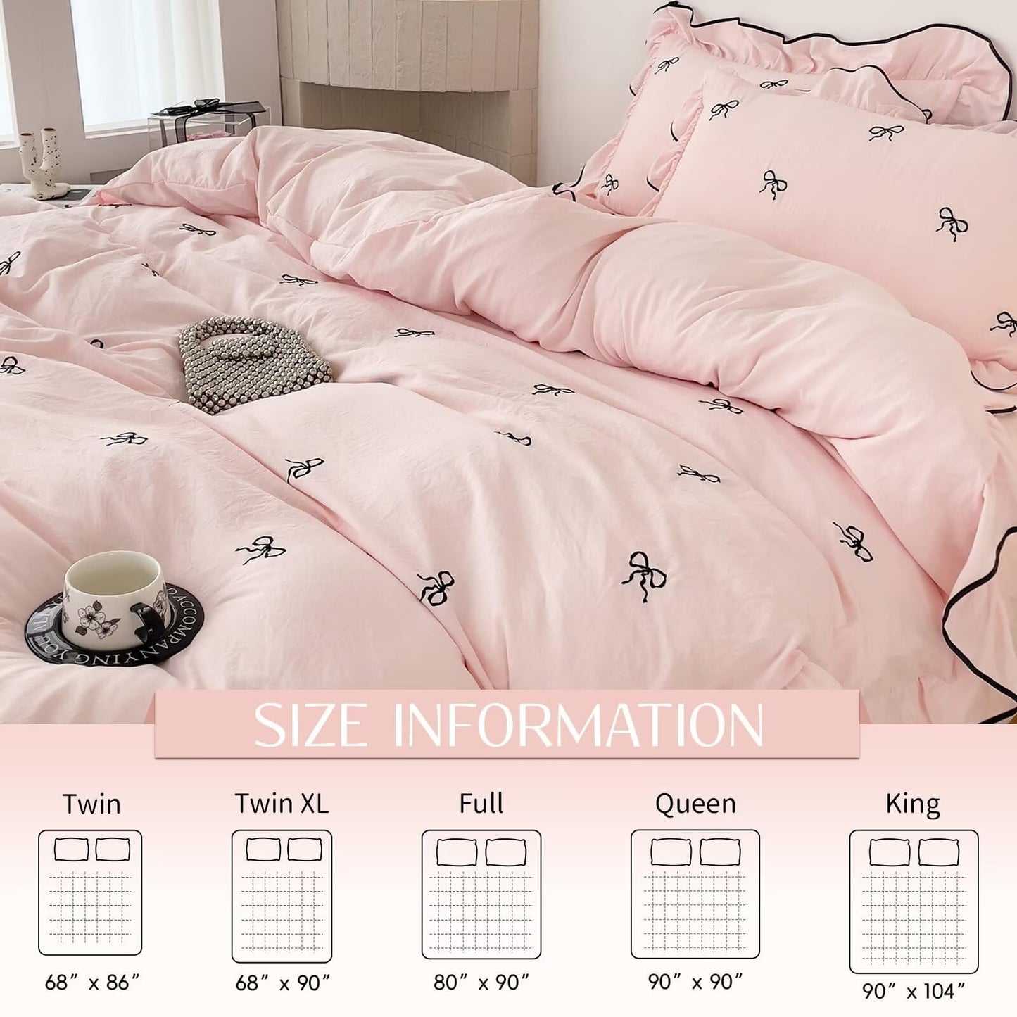 AMZTOP Cute Pink Duvet Cover Set Queen Size 3 Pcs with Bow,1 Duvet Cover with 2 Pillowcases,Washed Coquette Queen Bedding Set for Teen Girls,Zipper Ruffles Quilt Covers 90"×90"