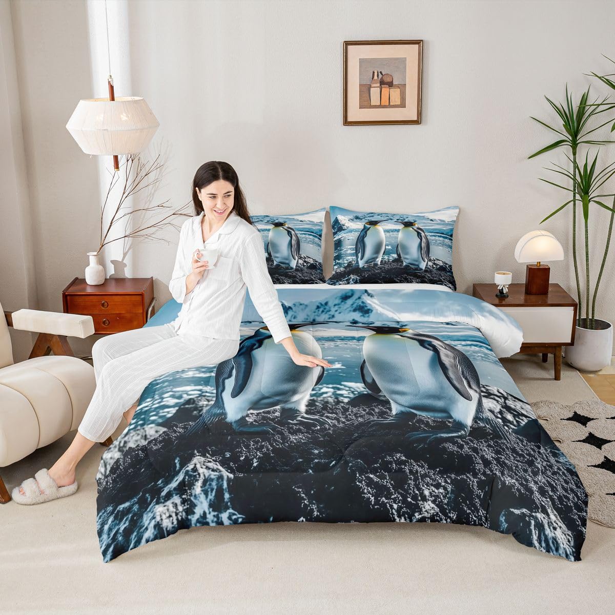 Erosebridal Penguin Bedding Set Queen Black White Penguins Comforter Set for Kids Boys Girls Cute Antarctica Animal Theme Down Comforter,Glacier Snow Quilt Duvet