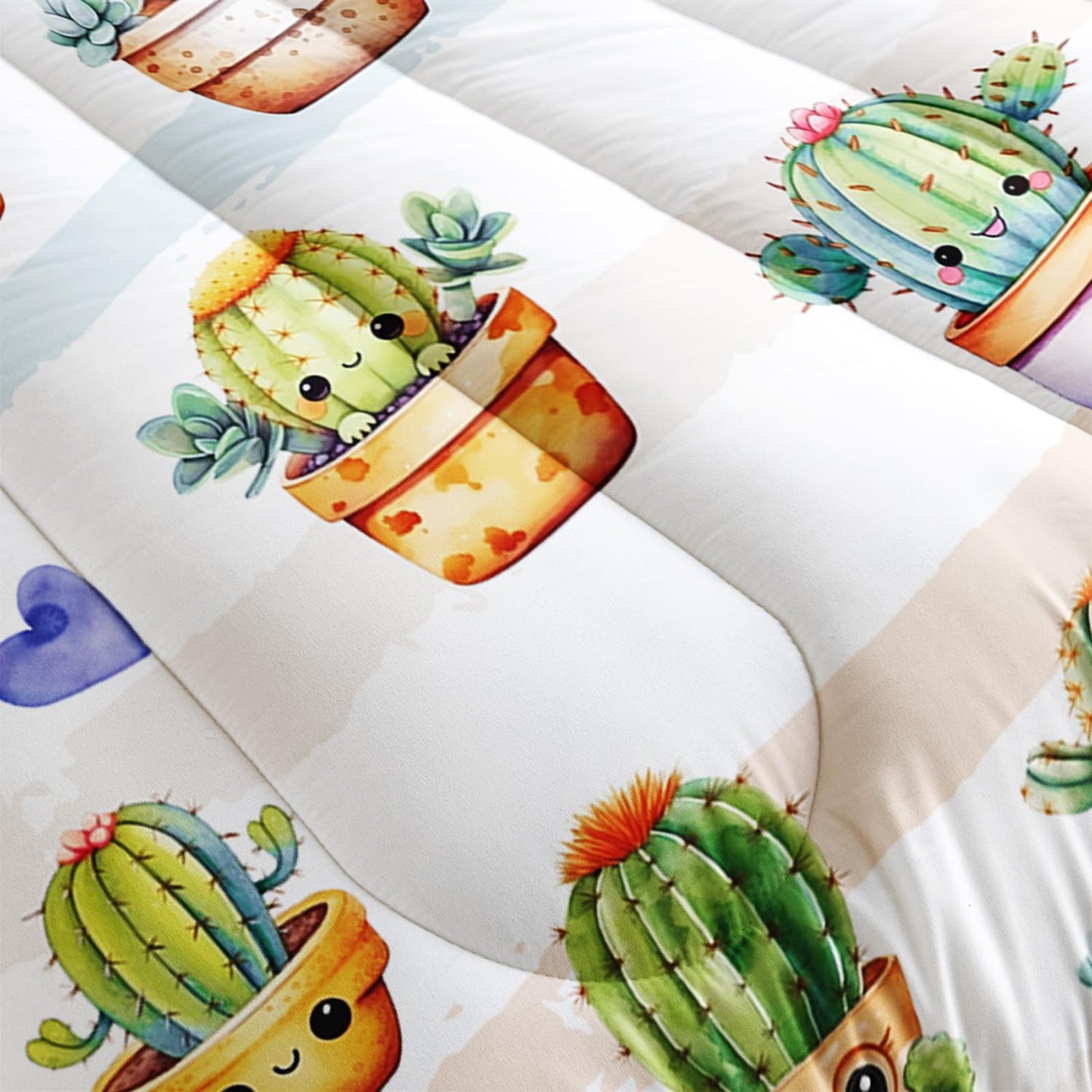 AILONEN Cute Cactus Comforter Set Queen Size, Funny Cartoon Style Succulent Plant Bedding Set for Kids Girls,Mexican Nature Hipster Humor Print Bed in a Bag,1 Quilt Set 2 Pillowcases,3 PCS
