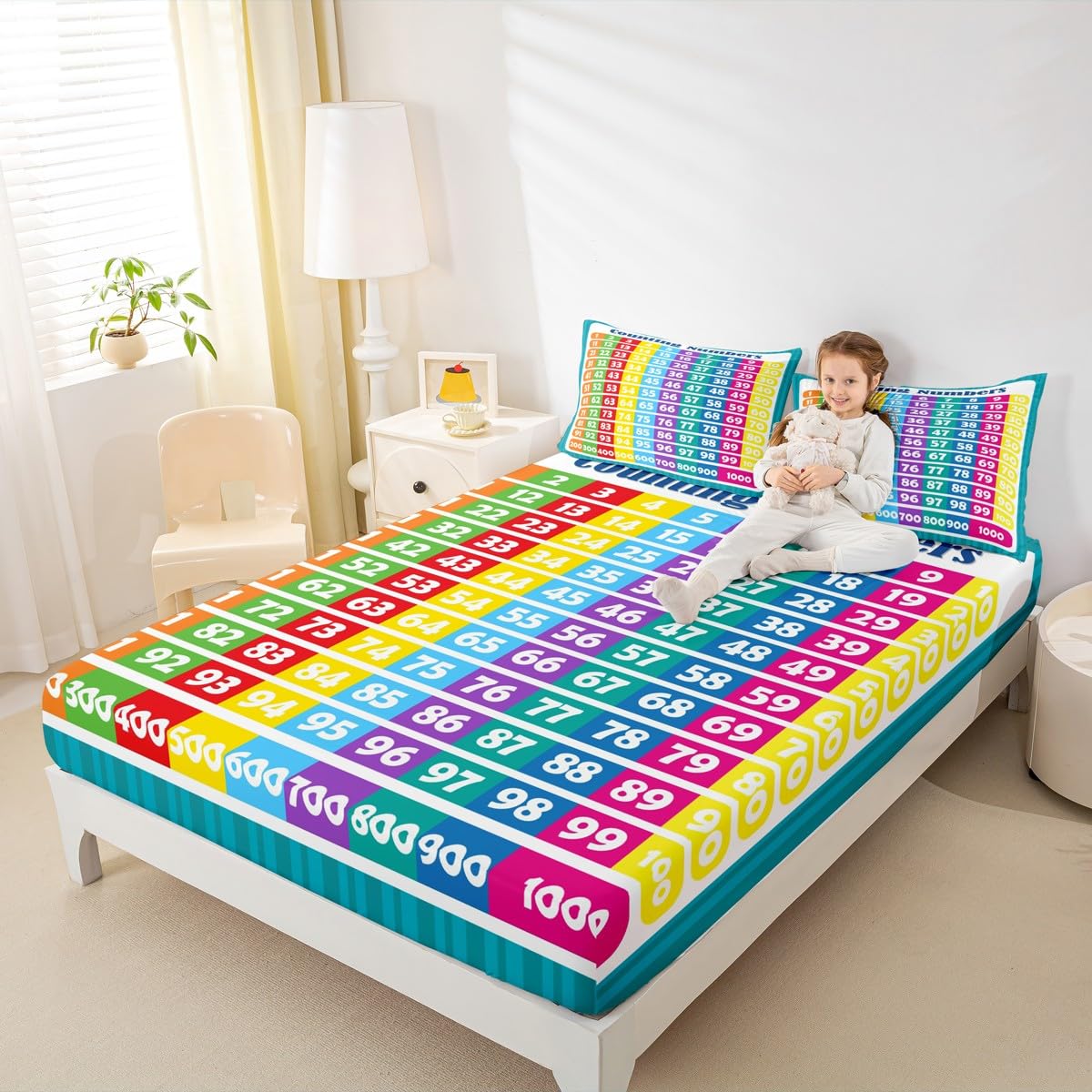 Numbers Alphabet Fitted Sheet Twin, Educational Learning Bedding Set for Kids Boys Girls Numbers Bed Sheet Set Learning Time Bed Cover (1 Pillow Case and a Fitted Sheet)