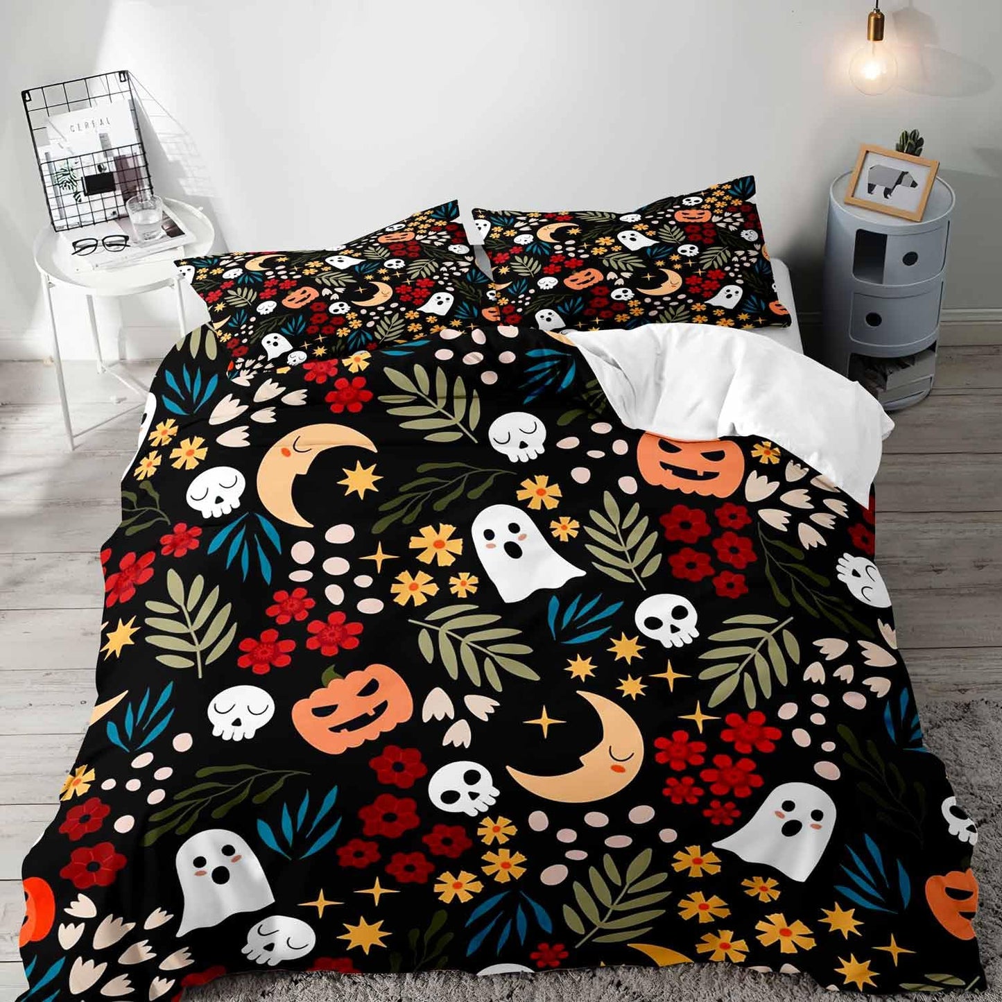 LUVIVIHOME 3PCS Botanical Cute Ghost Duvet Cover Queen Bedding Sets, Boys Girls Kids Bedding, Spooky Gothic Funny Pumpkin Skull Moon Star Flower Plant Leaves Halloween Comforter Cover, 2 Pillow Cases