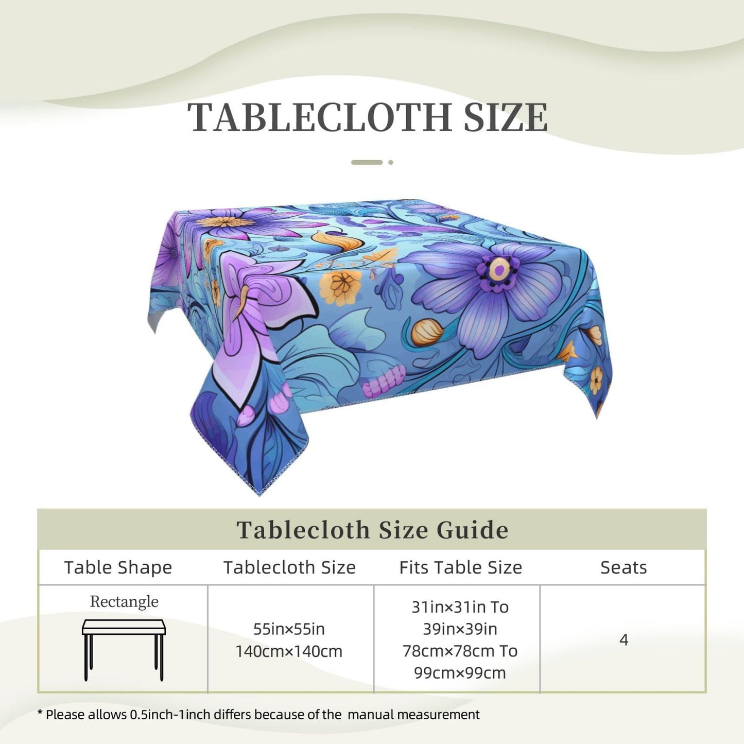 Entemne Square Table Cloth 55x55 Inch Purple Floral Pattern Tablecloth Washable Soft Wrinkle Free Dust Proof Card Table Cover for Tea Party Picnic Kitchen Dining Decor