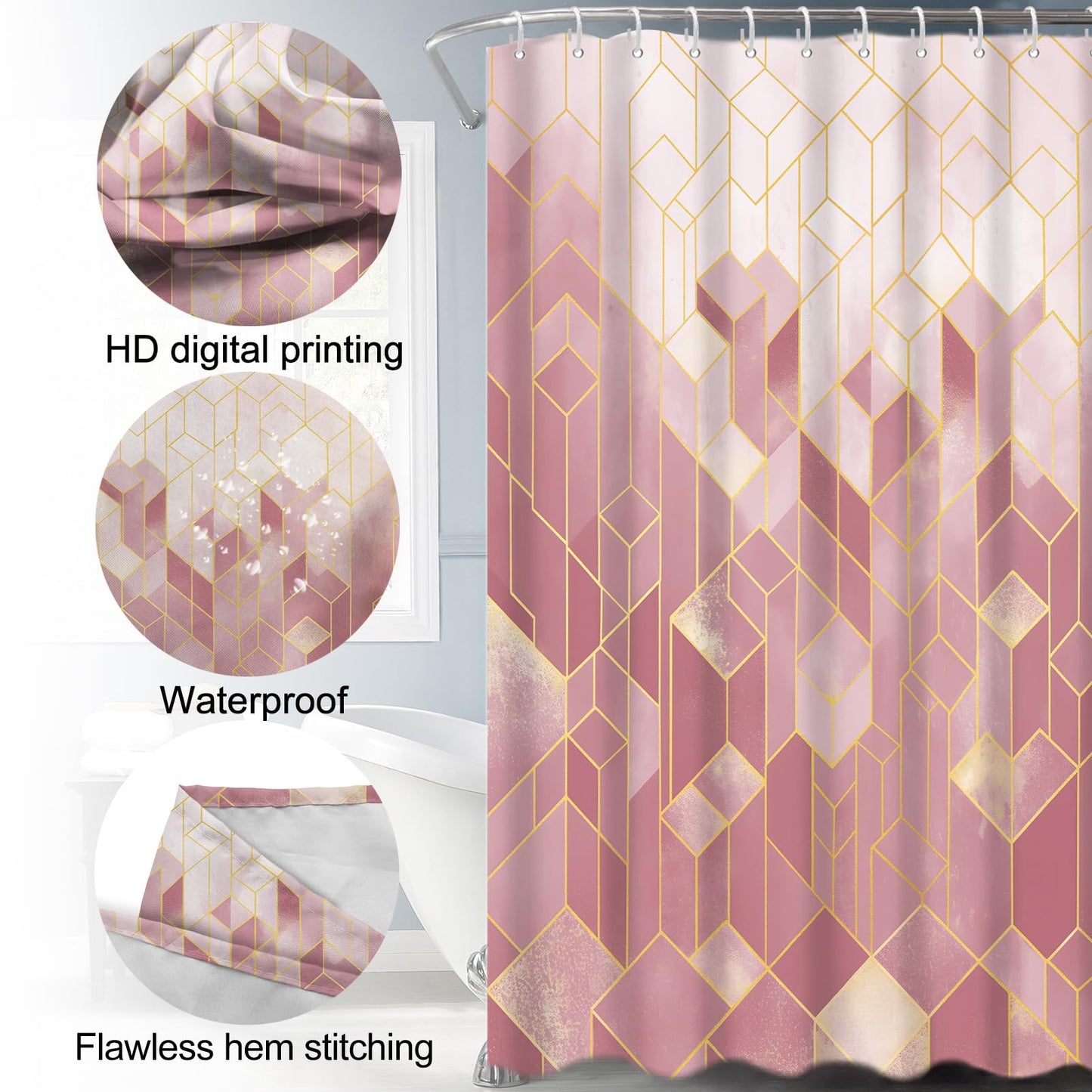 Lnond 4Pcs Bathroom Sets with Shower Curtain and Rugs, Pink Bathroom Shower Curtain Sets, Pink Gradient Modern Bathroom Sets with Rugs and Accessories