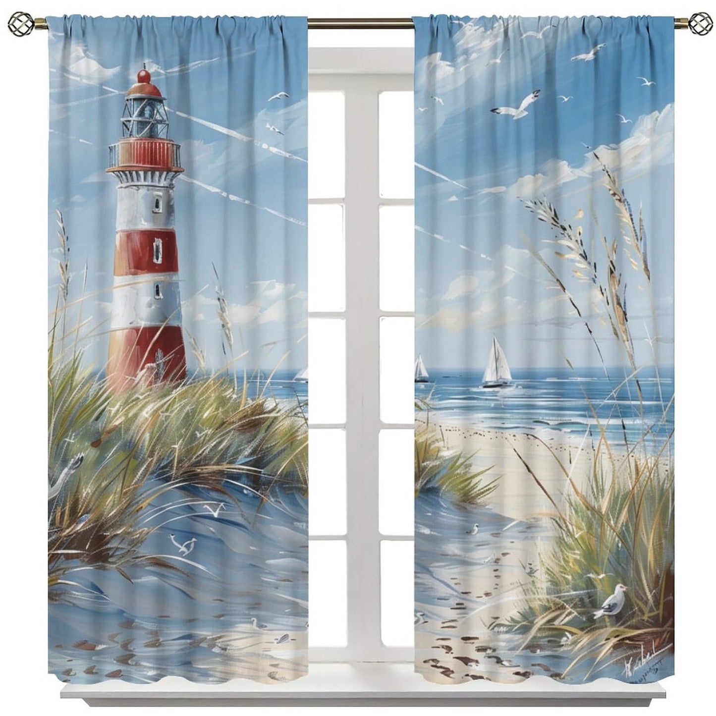 TOWINSFB Nautical Boat Lighthouse Blackout Curtains for Bedroom Living Room, Bird Beach Coast Nature Landscape Thermal Insulated Room Darkening Curtain- 2 Panels 45" L x 42" W