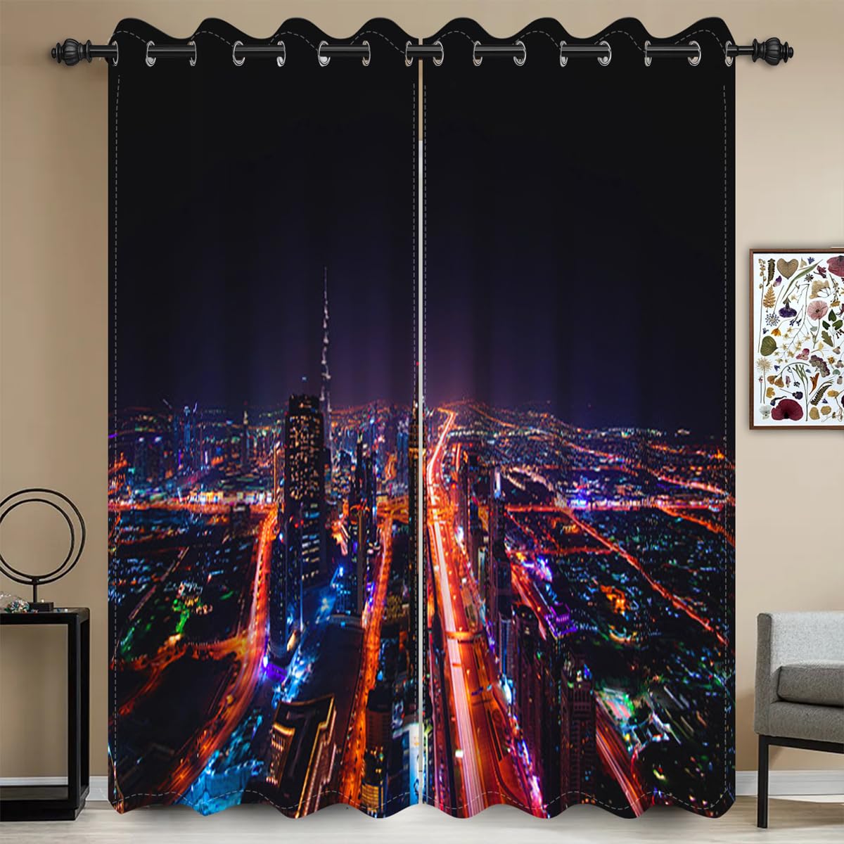 Umpoo City Night Scene Window Curtains New York Famous City View Skyline Skyscrapers Design for Bedroom Living Room Decorative Grommet Window Drapes 2 Panel Set, 52x84 Inch