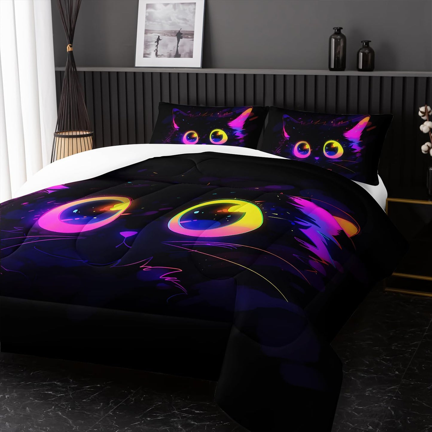 Nttopship Cute Cat Kids Comforter Set Twin Size 3pcs Black in Dark 3D Digital Animals Printed Pattern Comforter Set for Kids Boys Girls Adults Animal Print Room Decor with 2 Pillowcases