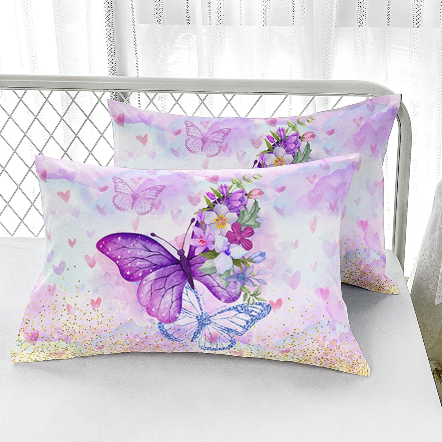 Nttopship Violet Butterfly Comforter Set 3 Pieces Bedding Set for Kids Teen Boys King Size ，Cute Flower Butterfly Bedding Set for Bedroom Soft Microfiber All Season 3pcs(1 Comforter & 2 Pillowcases)