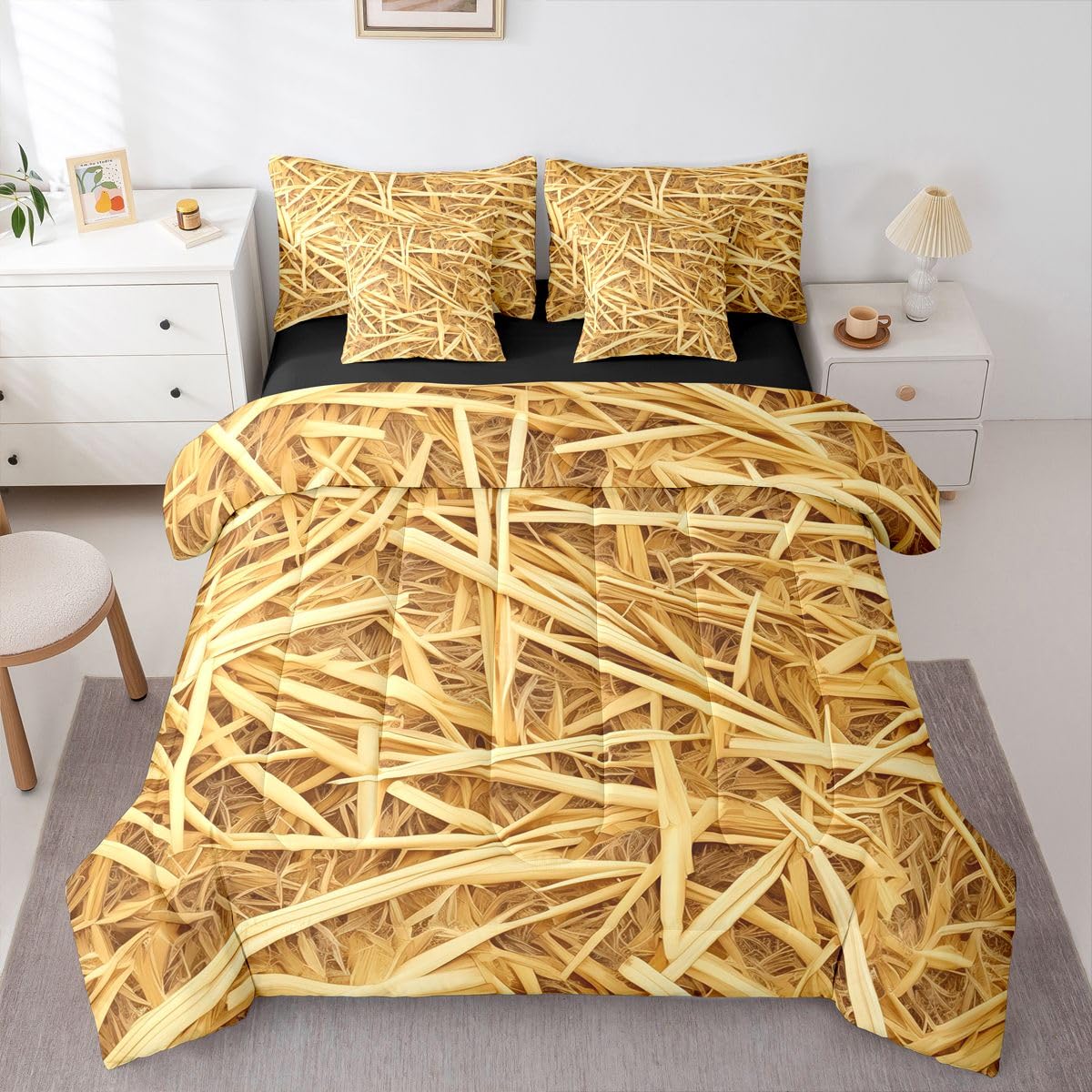 Erosebridal Straw 7 Piece Bedding Set Queen Western Farmhouse Comforter Set with Sheets Cowboy Theme Bed in A Bag Haystack Bed Sets with 2 Pillowcases, 2 Throw Pillow Covers