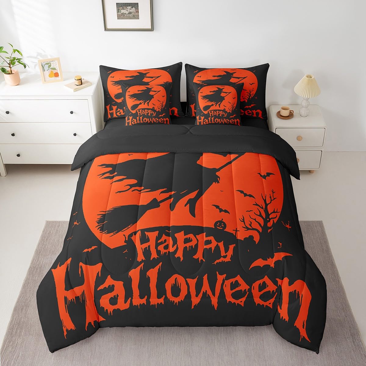 Feelyou Halloween Bed in a Bag Twin Size Witch 7 Piece Bedding Set for Kids Boys Girls Teens Bat Comforter Set with Sheets Pumpkin Bed Set