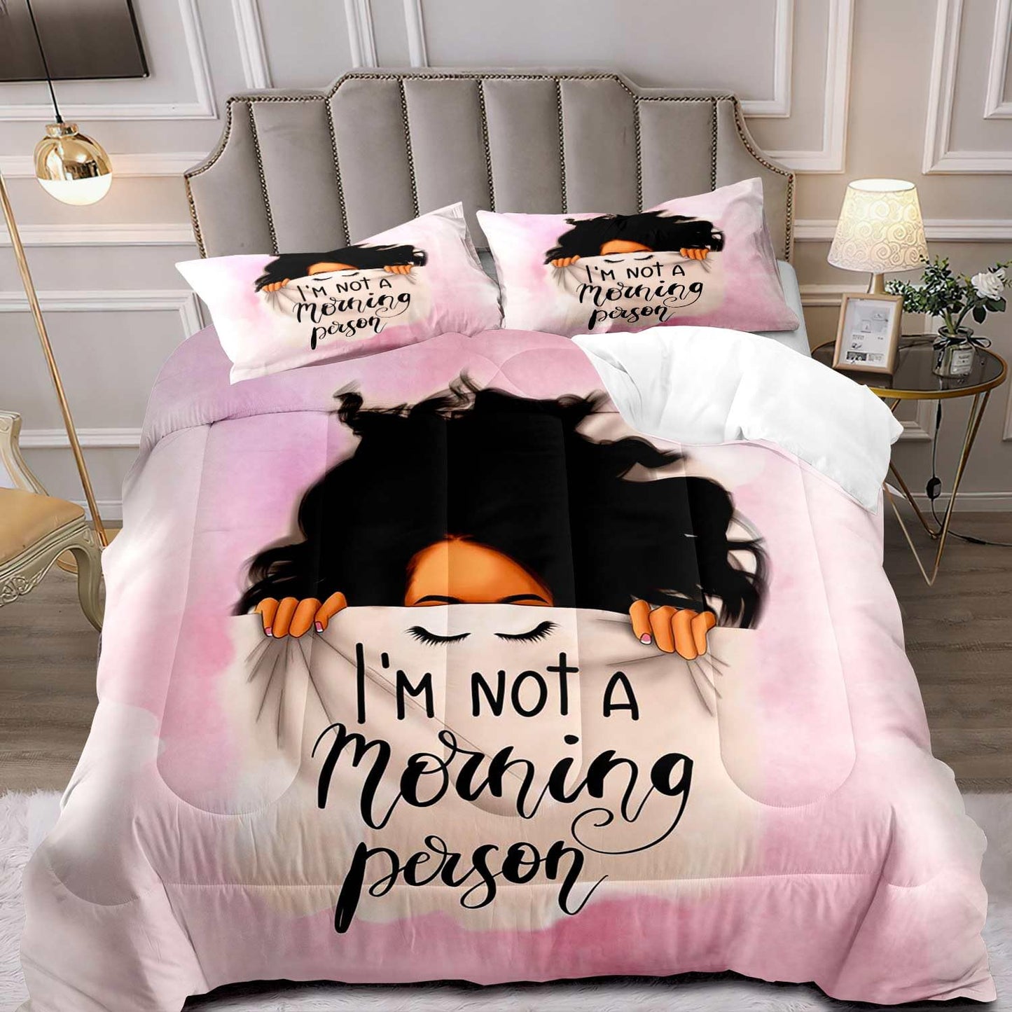 LUVIVIHOME 3PCS African American Black Girl Comforter Set King Size, Black Girl Magic Bedding, I'm Not A Morning Person Funny Gifts for Women Girls Kids, Soft Microfiber Pink Quilt, 2 Pillow Cases