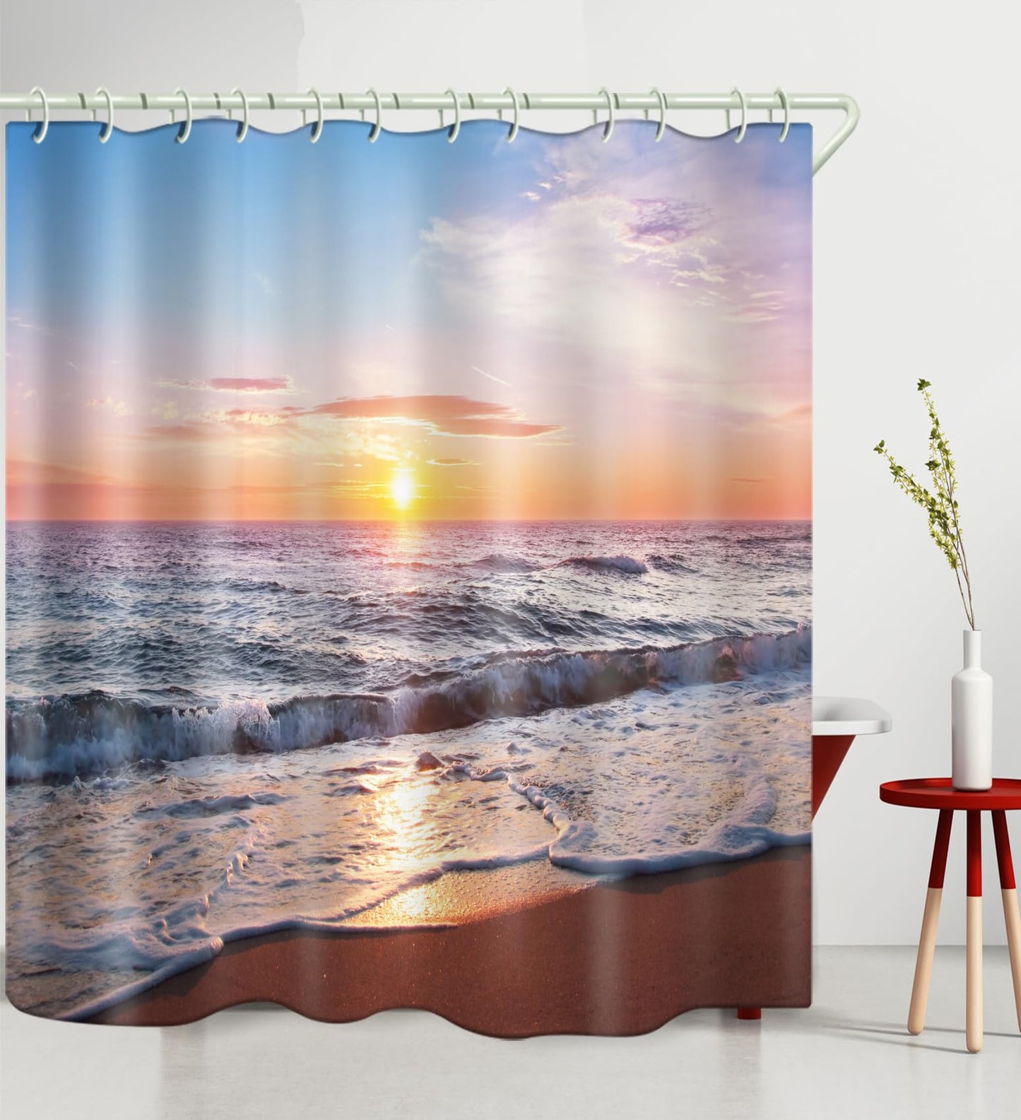 LYFANS Bathroom 3D Beach Sunset Decorative Shower Curtains, Fabric Shower Curtains with 12 Curtain Hooks, Bathtub Shower Curtain, 72x79 inch Waterproof Shower Curtain