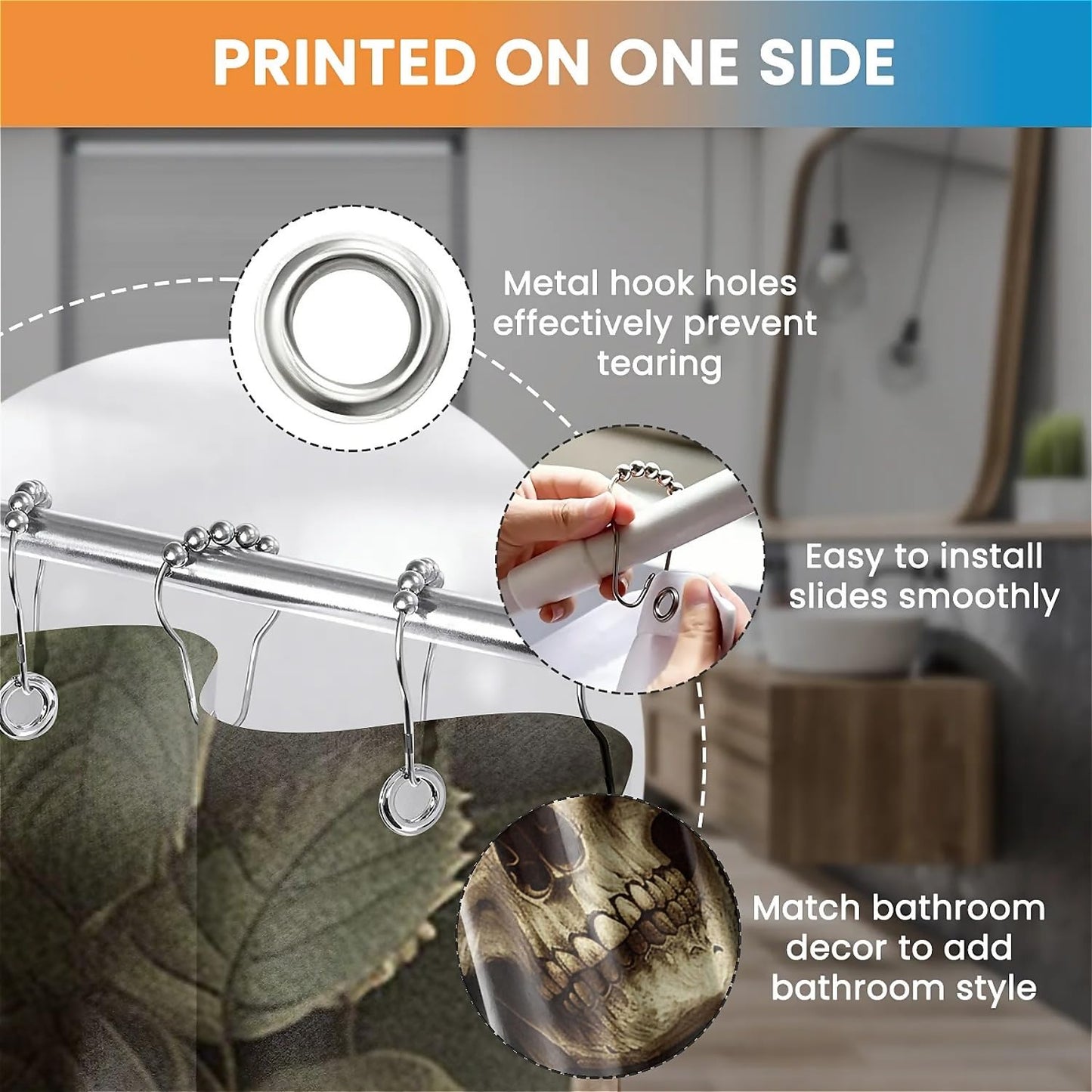 TANGXUNFA Dark-Fantasy-Skeleton Shower Curtain for Bathroom, Water-Resistant Long Shower Curtain Set 72x72 Inch with Metal Grommets and 12 Metal Hooks