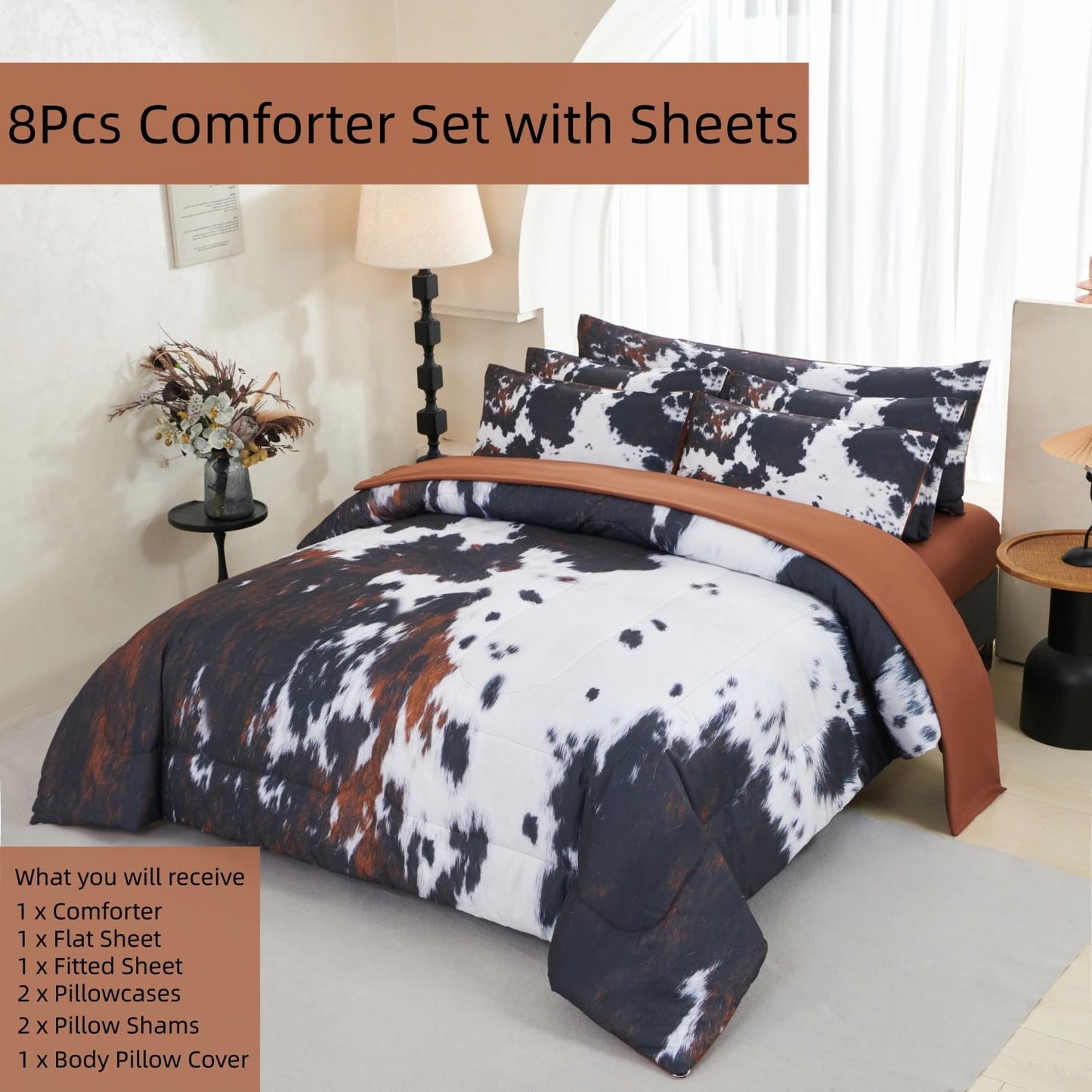 SUCSES Cow Print Comforter Sets Full Size 8 Pieces Brown Bedding Set Farmhourse Western Rustic Bed Set Black and White Bed in A Bag with Flat Fitted Sheet