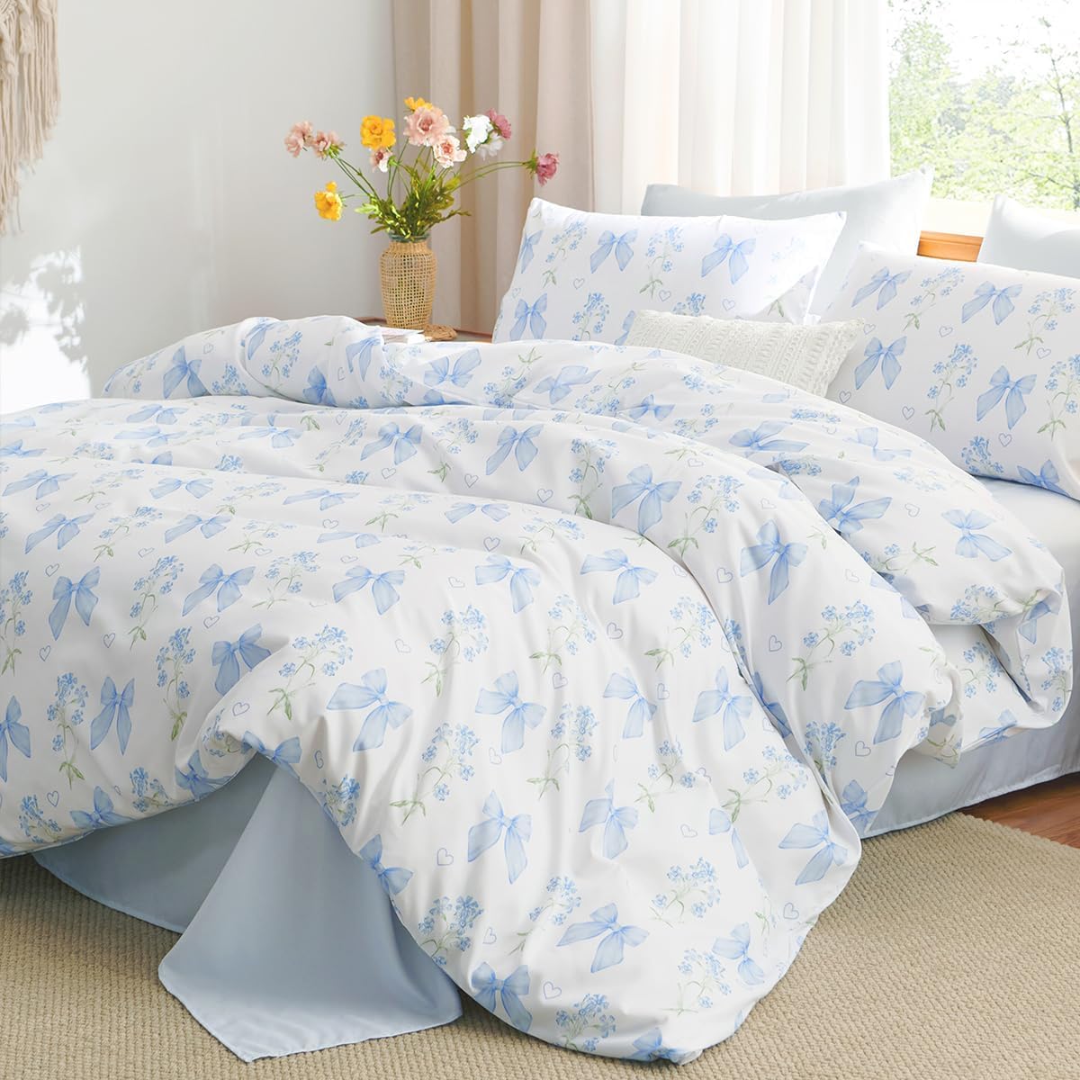 Sedefen Floral Duvet Cover Set Queen Size, 3 Pieces Blue Bow Bedding Set with Cute Heart Pattern, Romantic Spring Botanical Flower Soft Microfiber Duvet Cover for Kids Girls Bedroom & Princess Decor